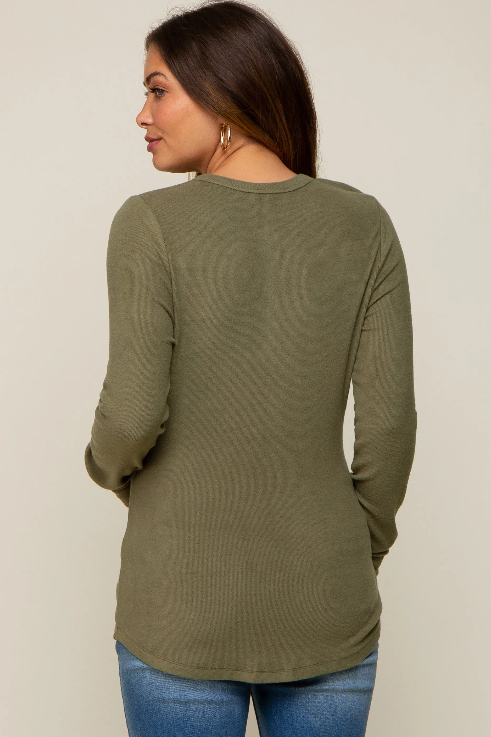 Olive Button Front Soft Knit Long Sleeve Henley Maternity Top sold by Pinkblush product image thumbnail 3