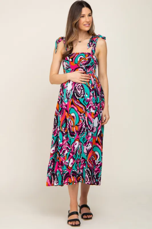 Black Printed Smocked Shoulder Tie Maternity Midi Dress sold by Pinkblush