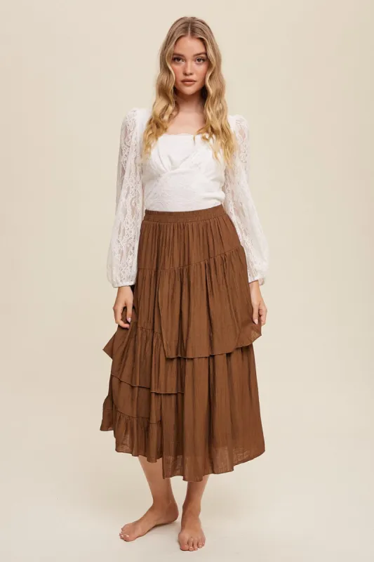 Brown High Waist Asymmetrical Layered Maxi Skirt sold by Pinkblush