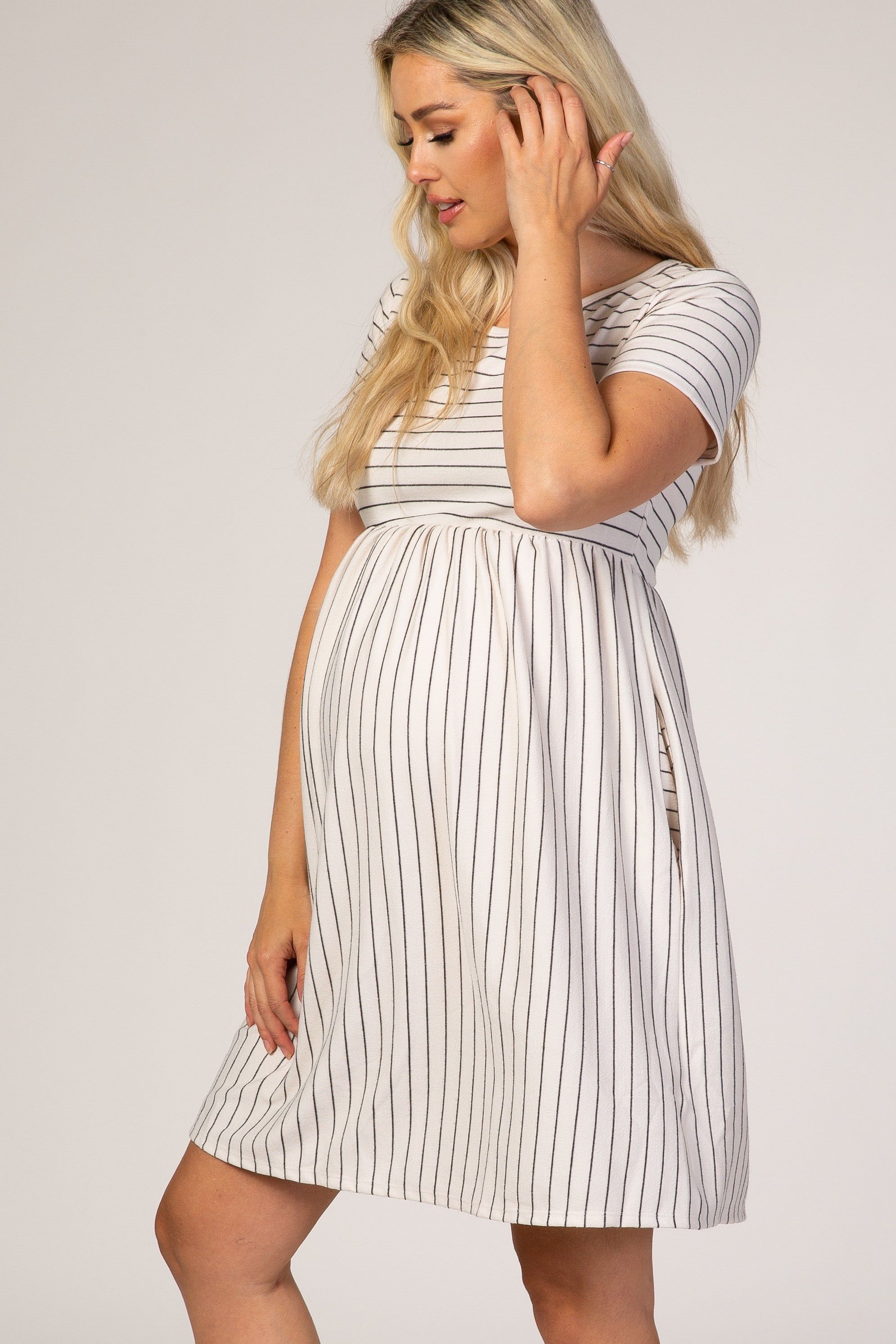 White Striped Maternity Babydoll Dress sold by Pinkblush product image thumbnail 3