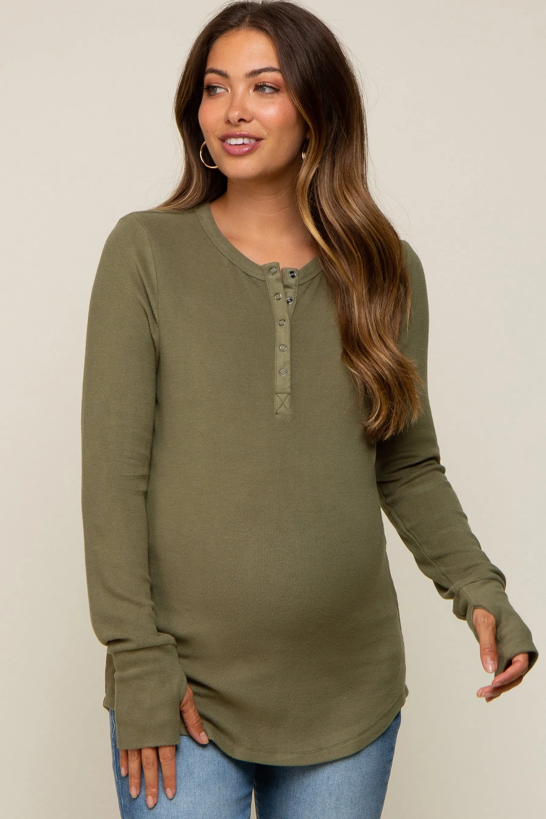 Olive Button Front Soft Knit Long Sleeve Henley Maternity Top sold by Pinkblush