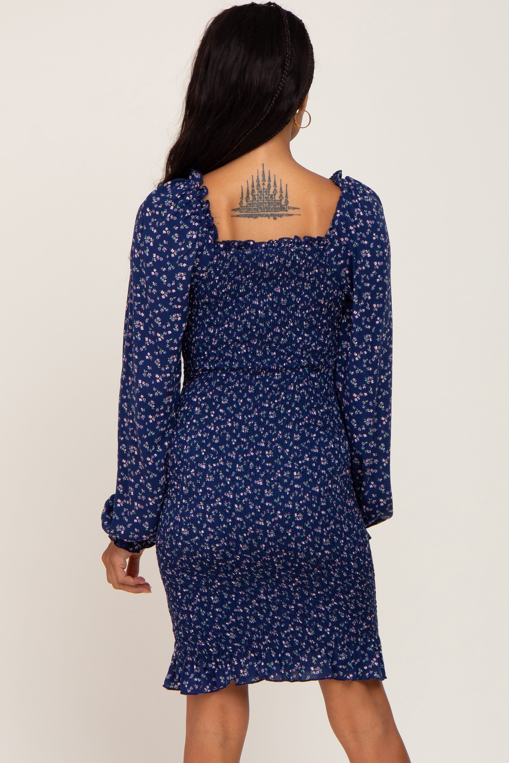 Navy Floral Sweetheart Neck Smocked Long Sleeve Dress sold by Pinkblush product image thumbnail 3