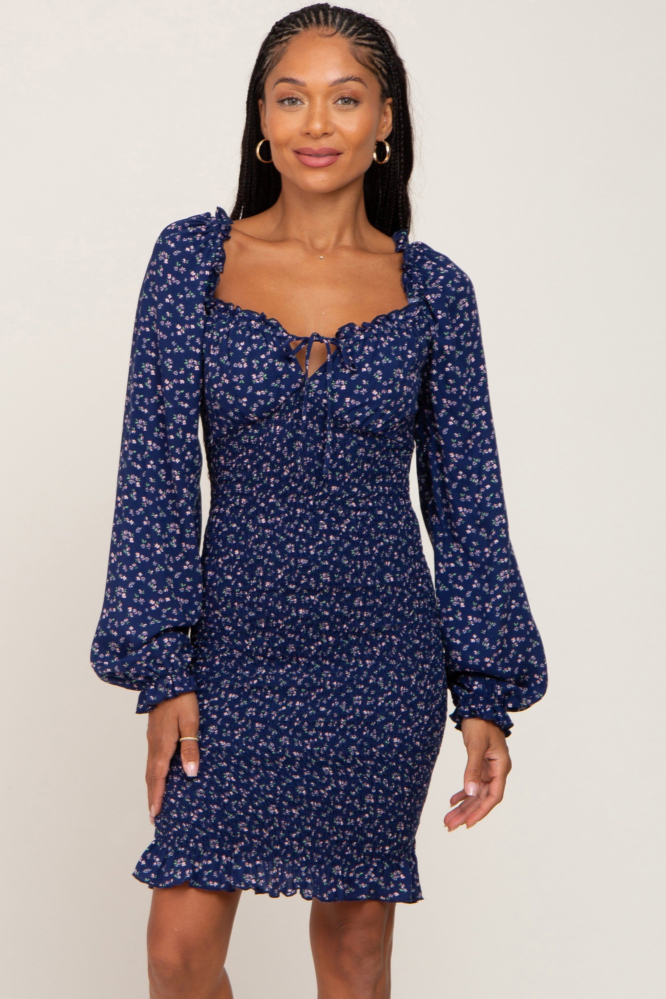 Navy Floral Sweetheart Neck Smocked Long Sleeve Dress sold by Pinkblush