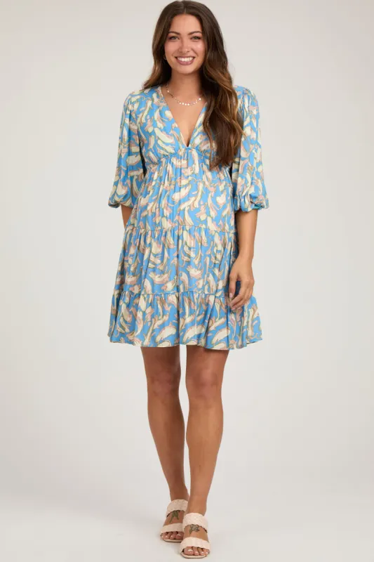 Blue Printed Tiered Sweetheart Maternity Dress sold by Pinkblush
