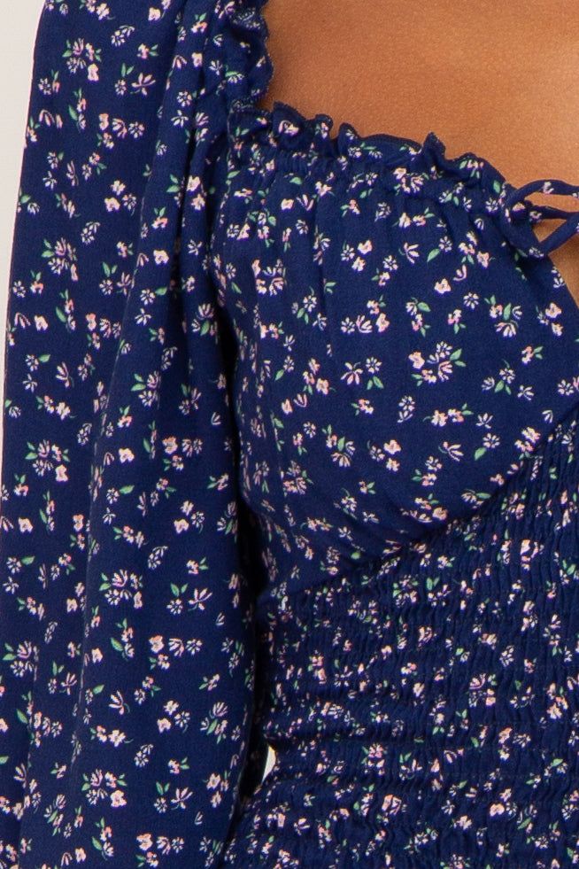 Navy Floral Sweetheart Neck Smocked Long Sleeve Dress sold by Pinkblush product image thumbnail 4
