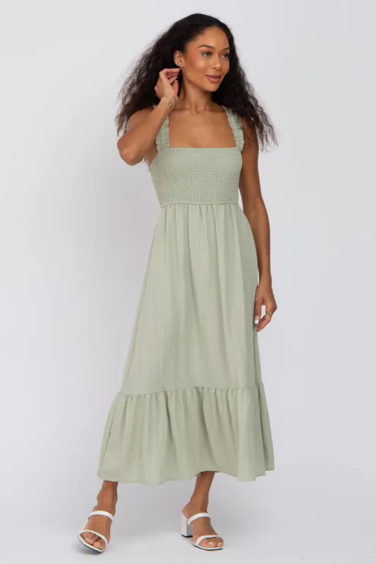 Light Olive Smocked Midi Dress sold by Pinkblush