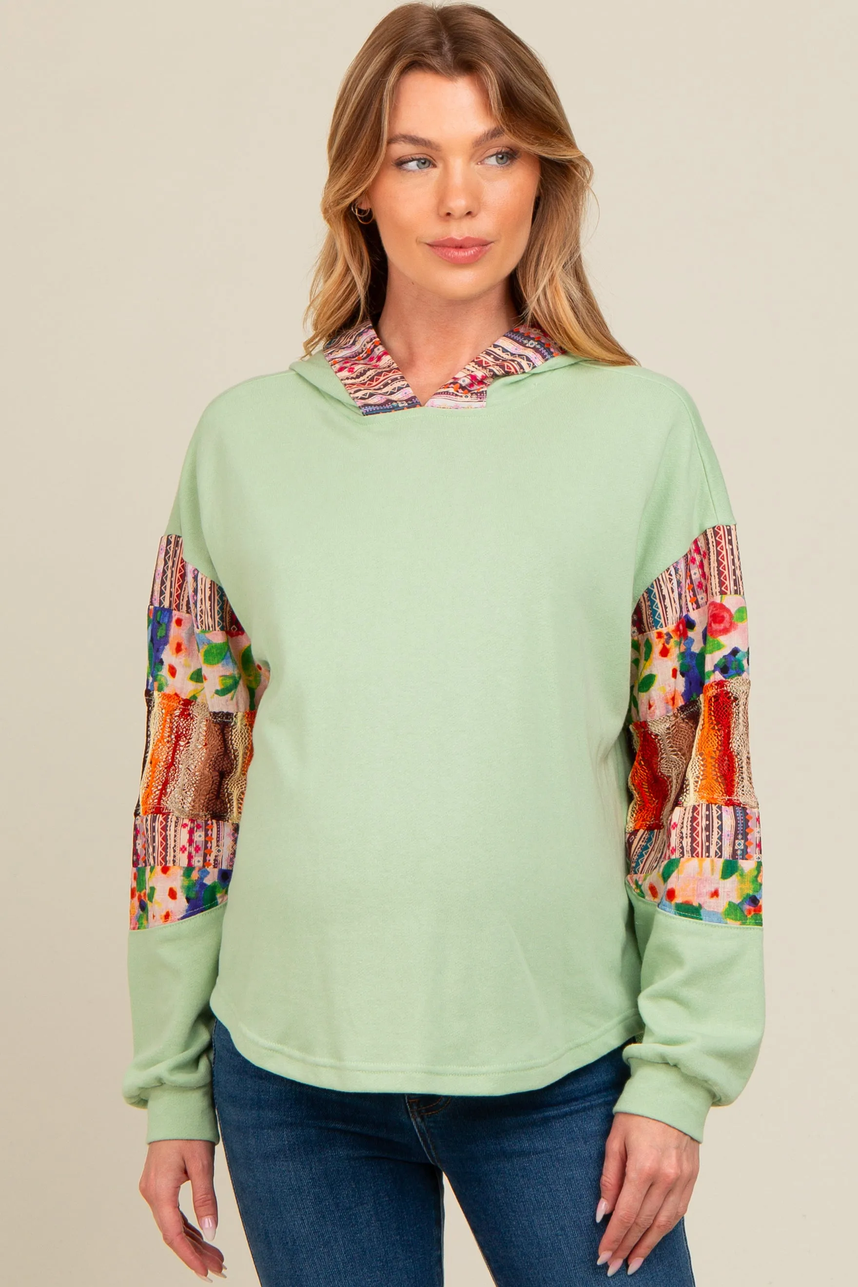 Mint Green Contrast Print Sleeve Hooded Maternity Top sold by Pinkblush