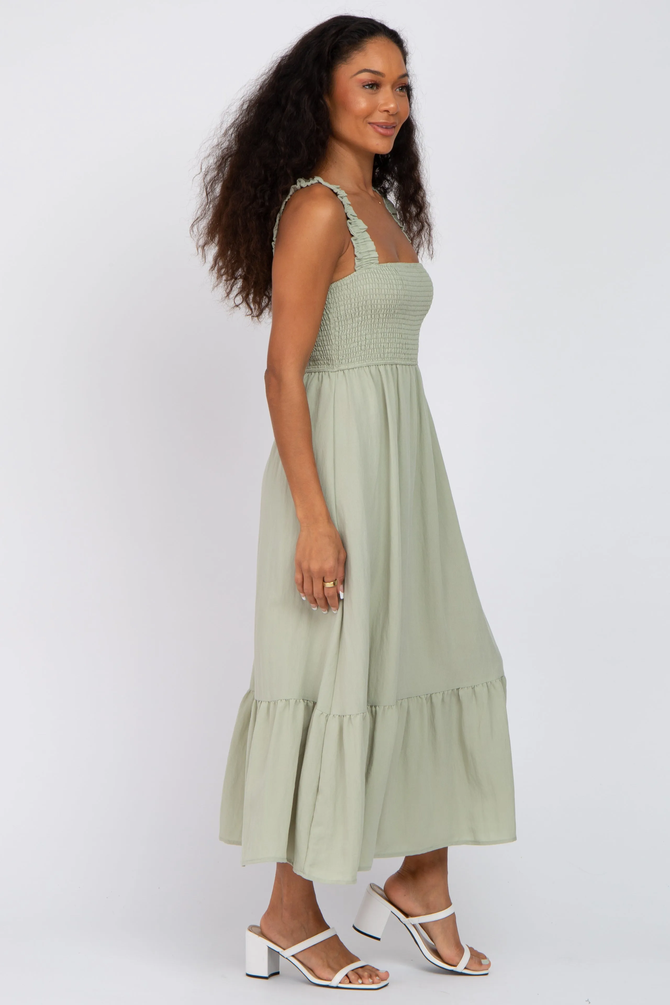 Light Olive Smocked Midi Dress sold by Pinkblush product image thumbnail 2