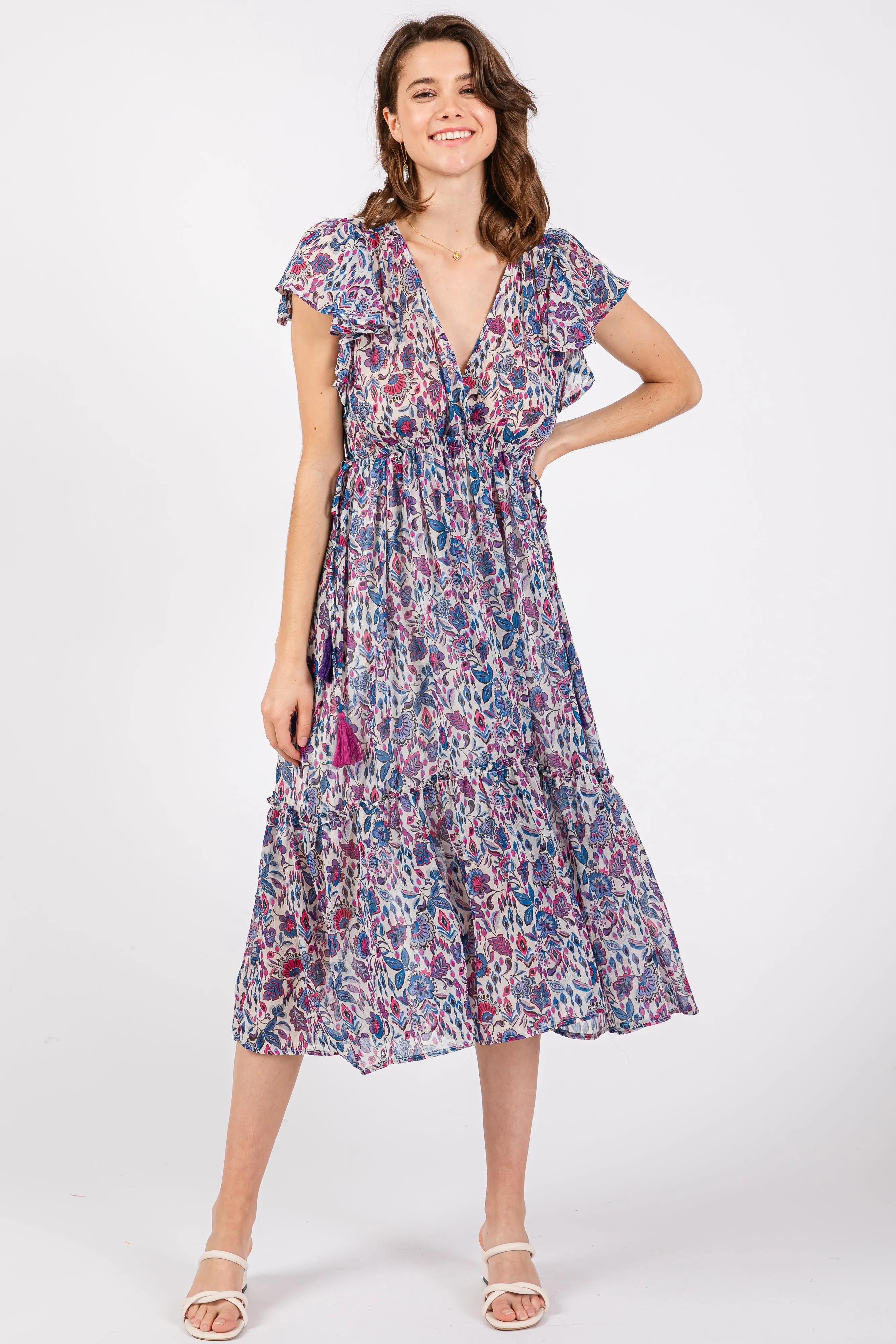 Blue Floral Chiffon Flutter Sleeve Ruffle Hem Midi Dress sold by Pinkblush product image thumbnail 2