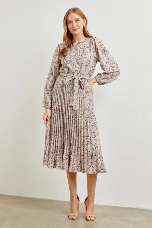 Brown Multi Woven Pleated Maxi Dress W/ Waist Self Tie sold by Pinkblush
