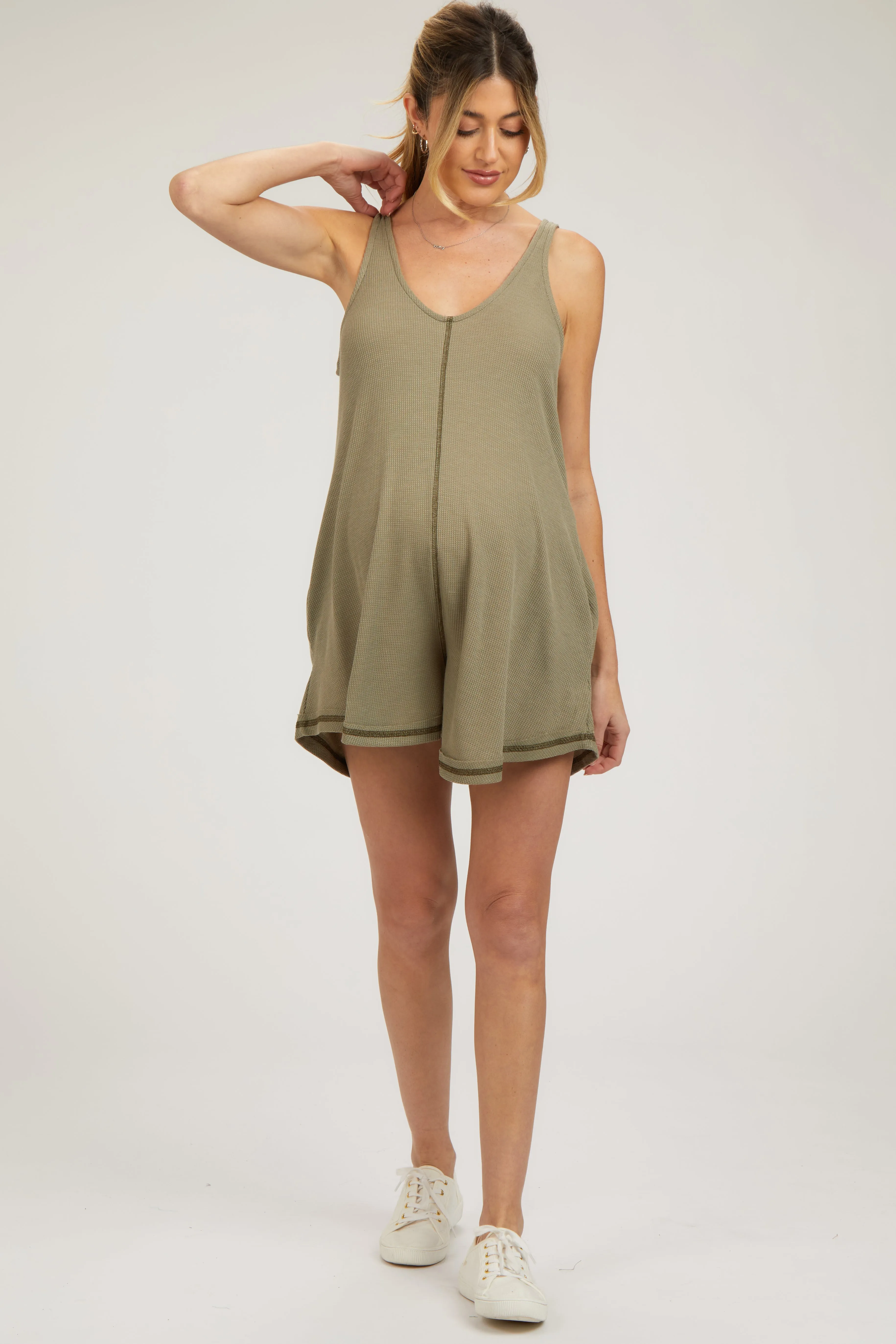 Olive Sleeveless Waffle Knit Maternity Romper sold by Pinkblush