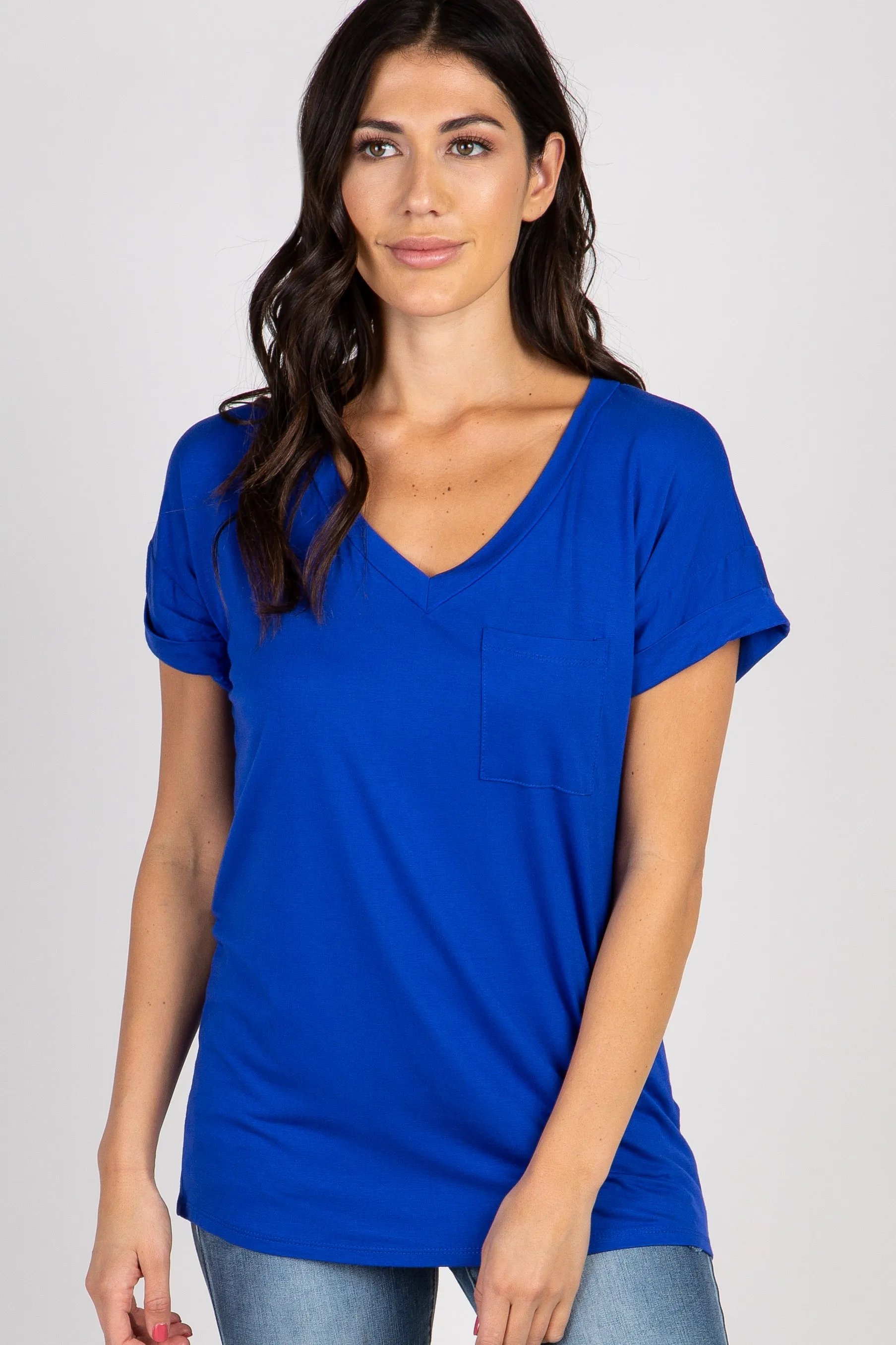 Royal Blue V-Neck Pocket Accent Top sold by Pinkblush