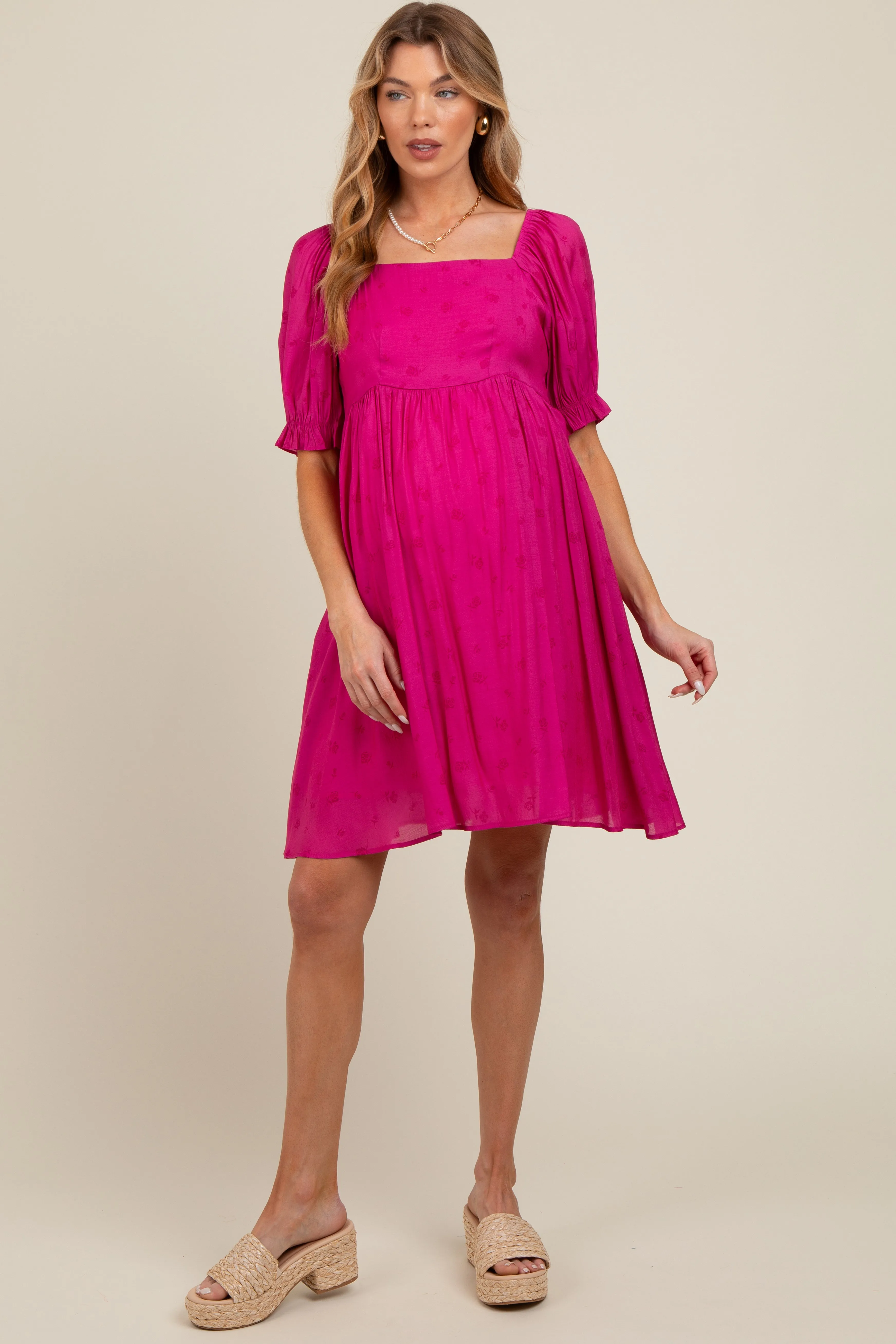Fuchsia Floral Puff Sleeve Maternity Dress sold by Pinkblush
