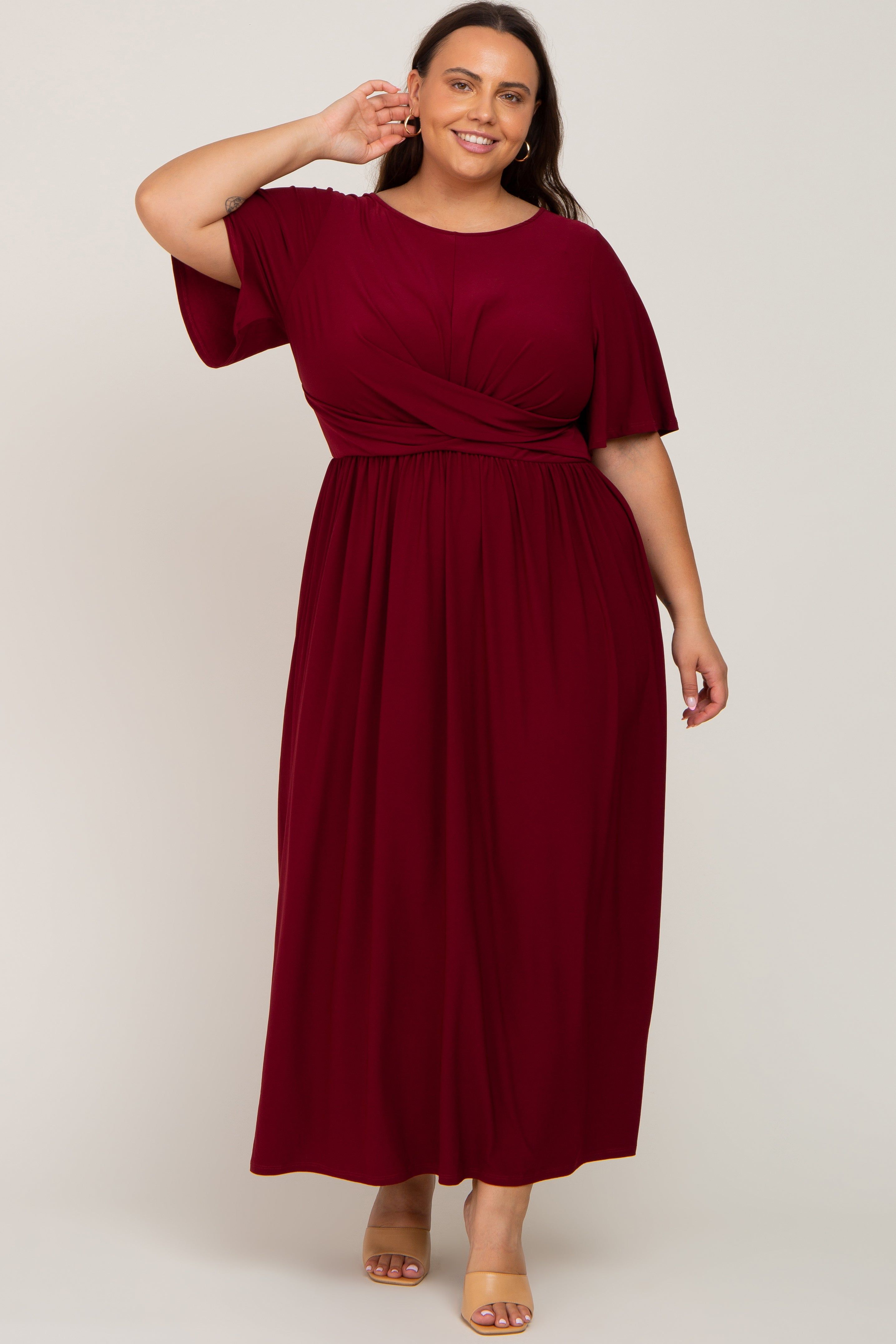 Burgundy Gathered Front Plus Maxi Dress sold by Pinkblush product image thumbnail 4