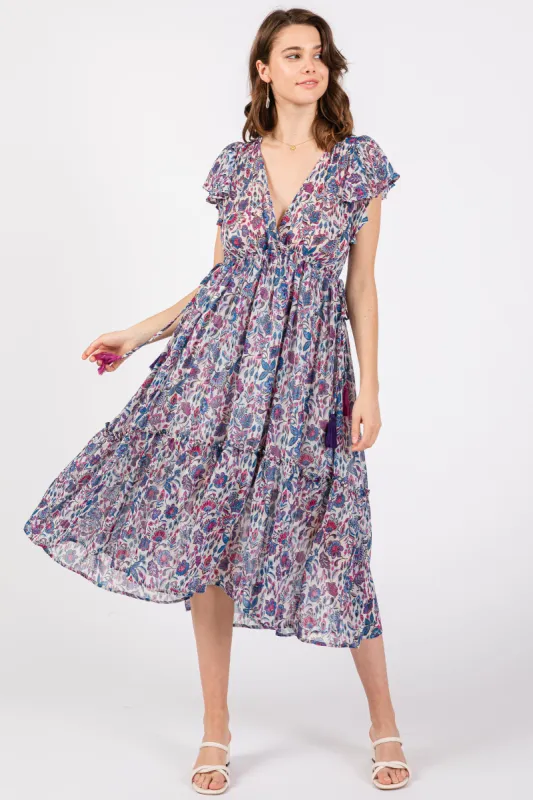 Blue Floral Chiffon Flutter Sleeve Ruffle Hem Midi Dress sold by Pinkblush