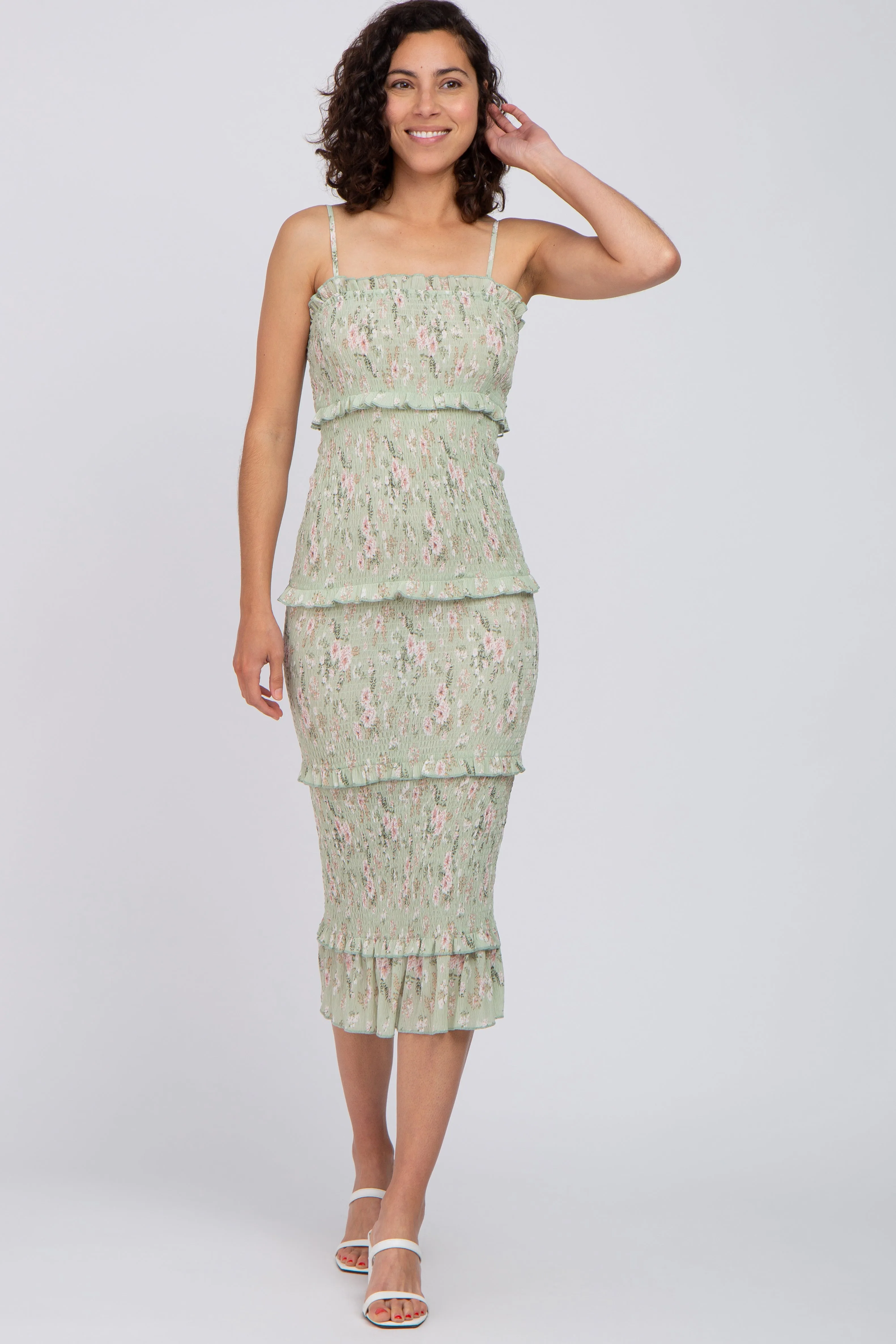 Sage Floral Smocked Fitted Midi Dress sold by Pinkblush