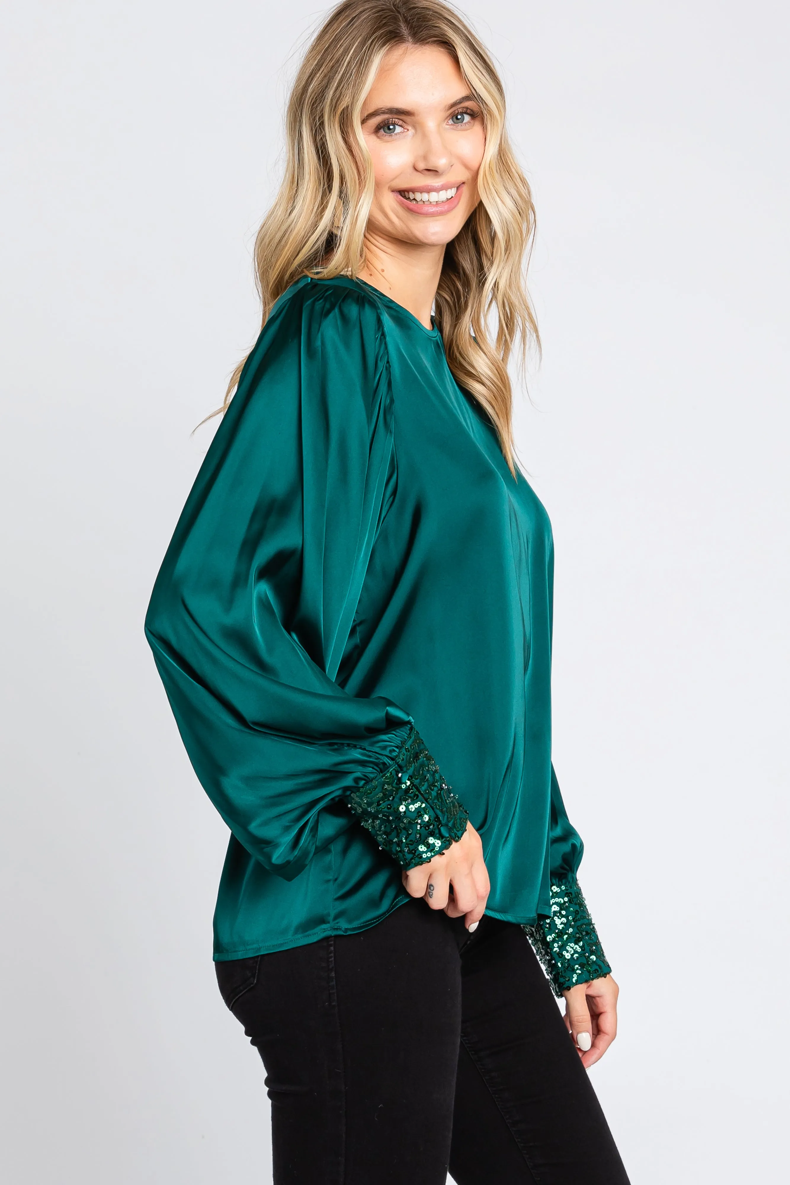 Forest Green Satin Sequin Cuff Blouse sold by Pinkblush product image thumbnail 2