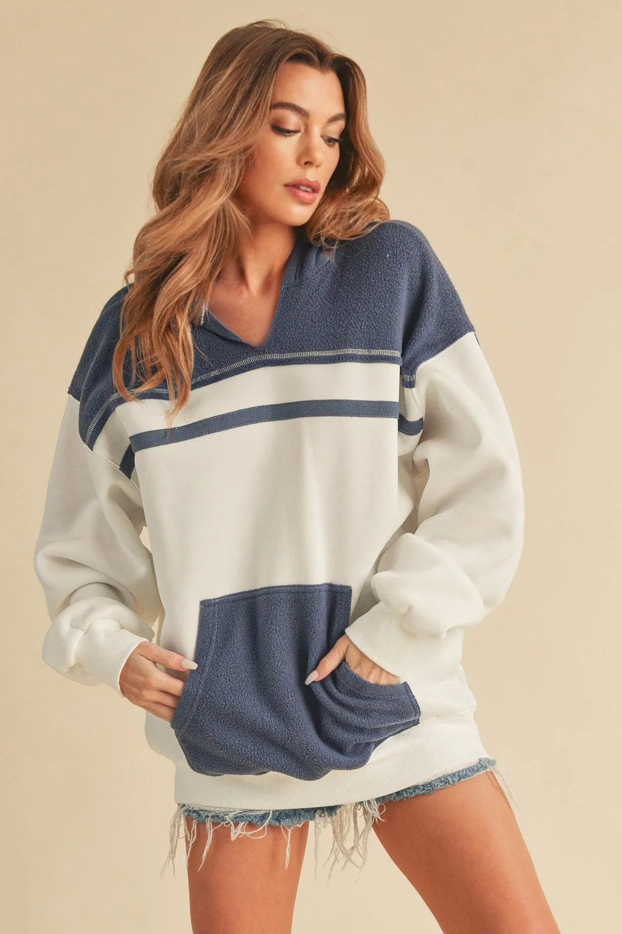 White Colorblock Front Pocket Hoodie sold by Pinkblush