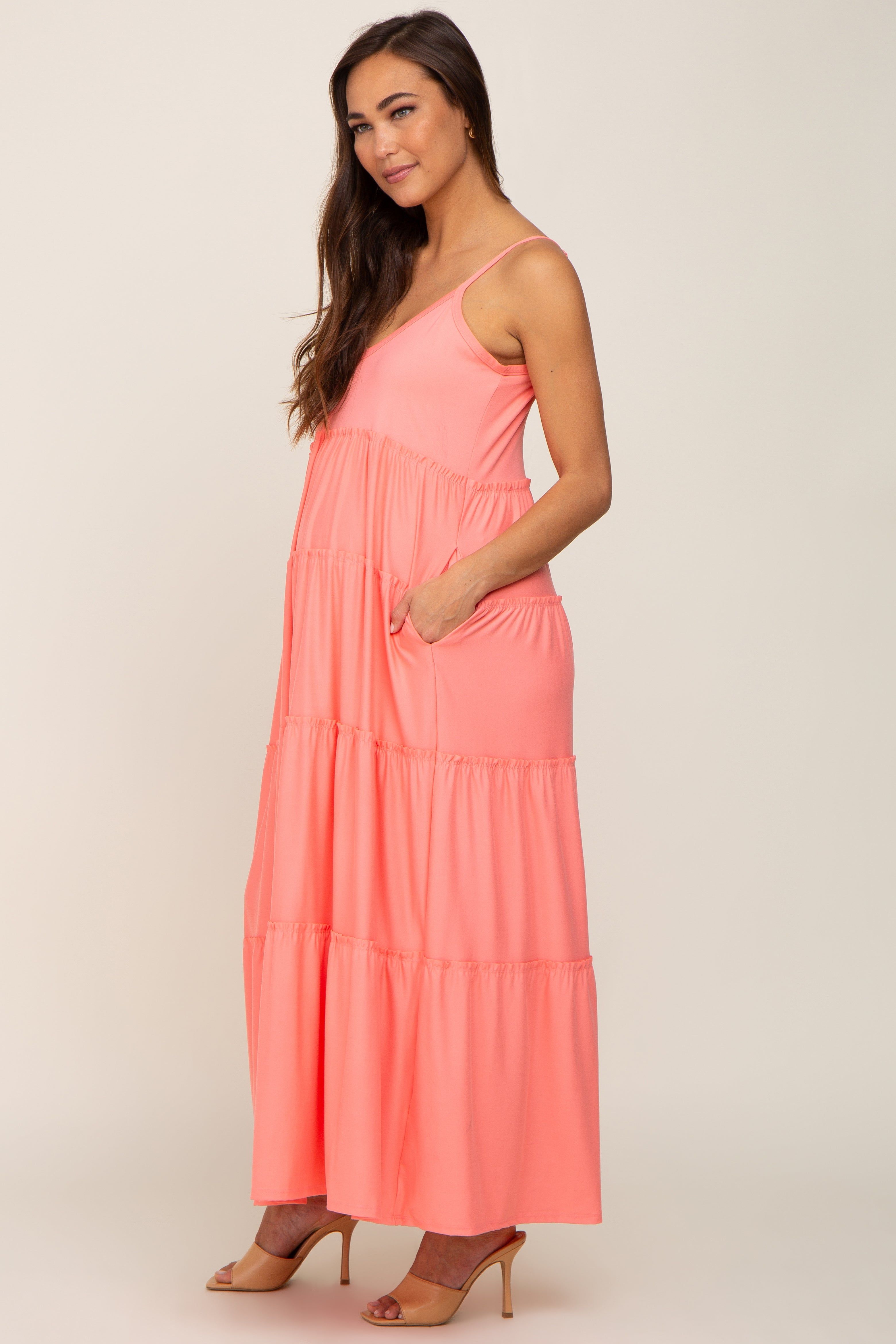 Coral Pink Tiered Sleeveless Maternity Maxi Dress sold by Pinkblush product image thumbnail 2