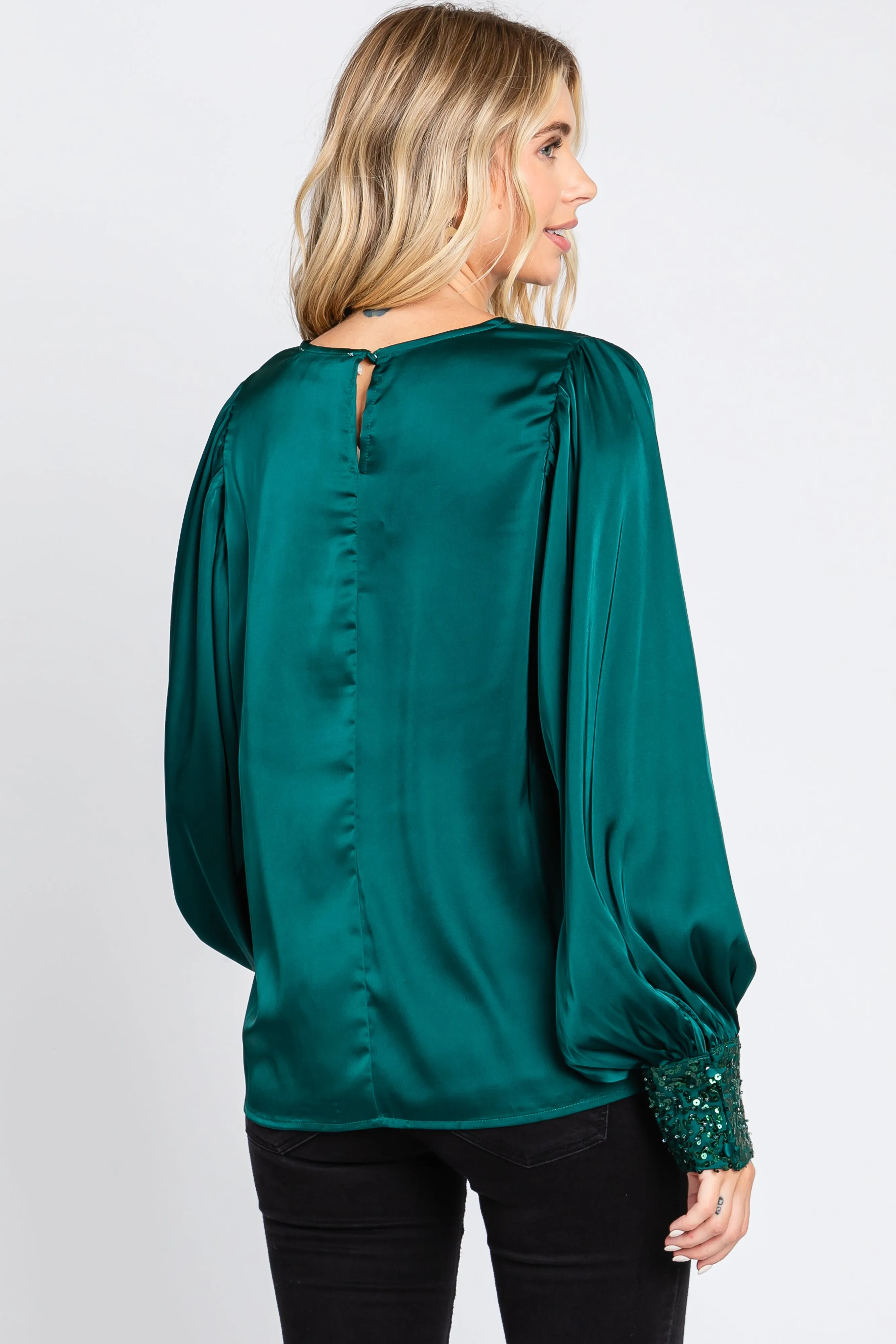 Forest Green Satin Sequin Cuff Blouse sold by Pinkblush product image thumbnail 3
