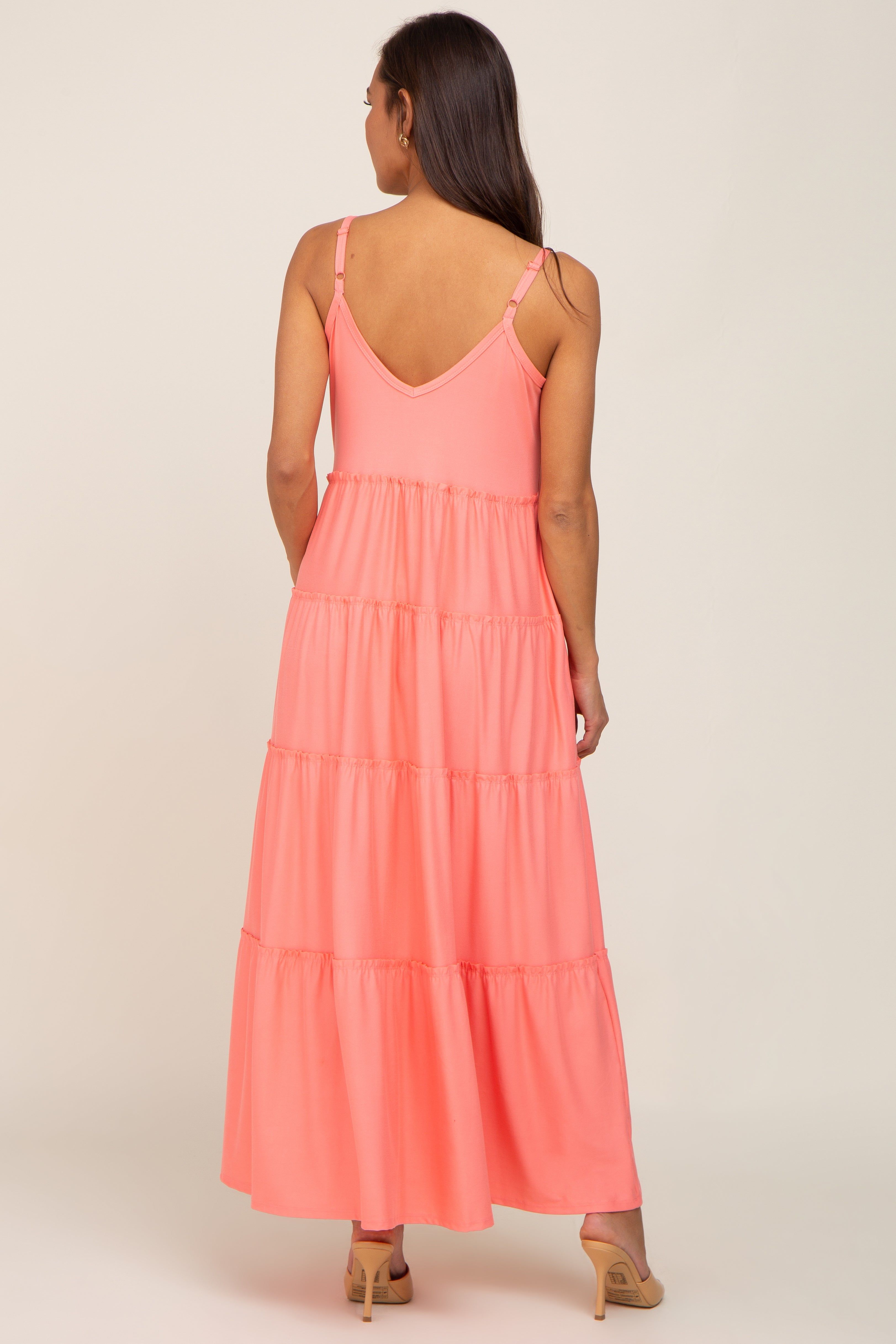 Coral Pink Tiered Sleeveless Maternity Maxi Dress sold by Pinkblush product image thumbnail 3
