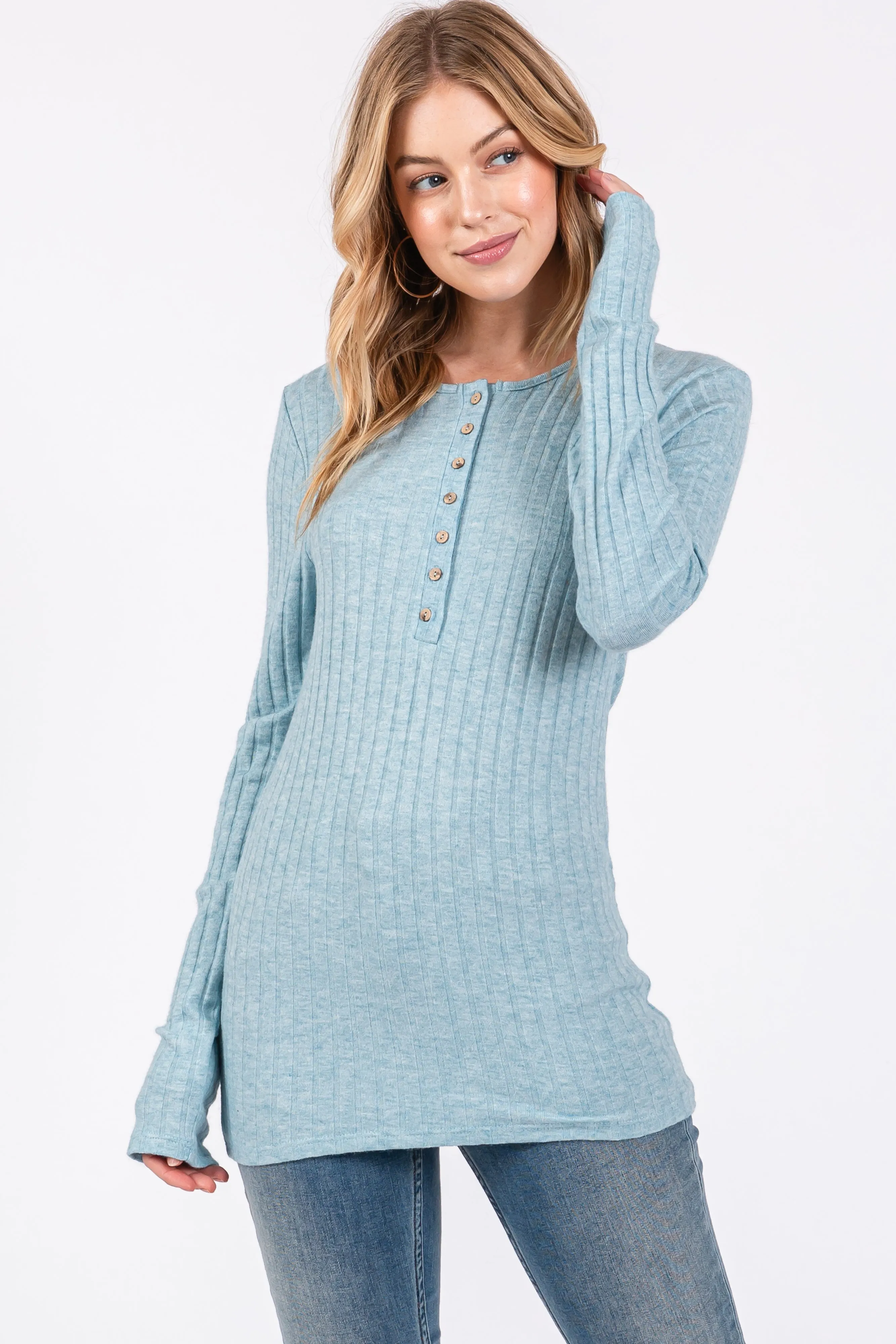 Light Teal Ribbed Knit Button Long Sleeve Maternity Top sold by Pinkblush product image thumbnail 4