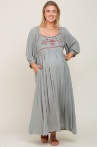Mint Embroidered 3/4 Sleeve Plus Maternity Maxi Dress sold by Pinkblush