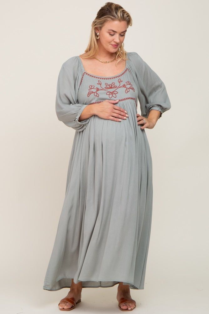 Mint Embroidered 3/4 Sleeve Plus Maternity Maxi Dress sold by Pinkblush