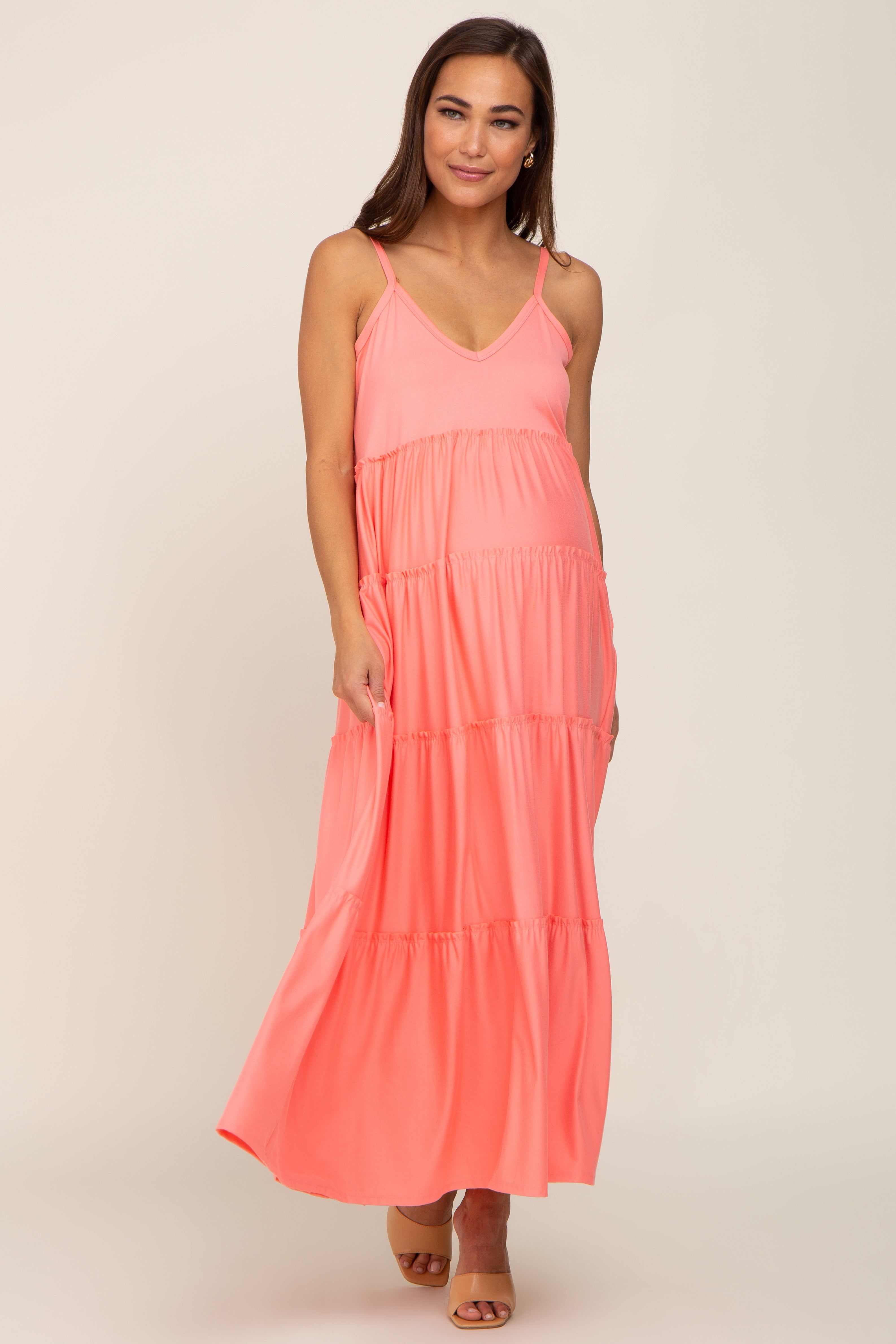 Coral Pink Tiered Sleeveless Maternity Maxi Dress sold by Pinkblush product image thumbnail 4