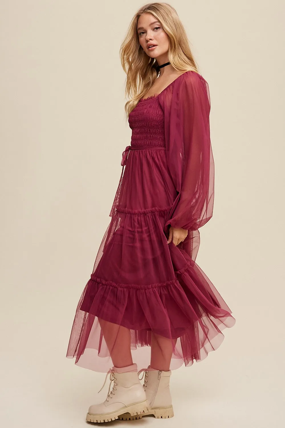 Burgundy Mesh Tiered Long Sleeve Maxi Dress sold by Pinkblush product image thumbnail 3