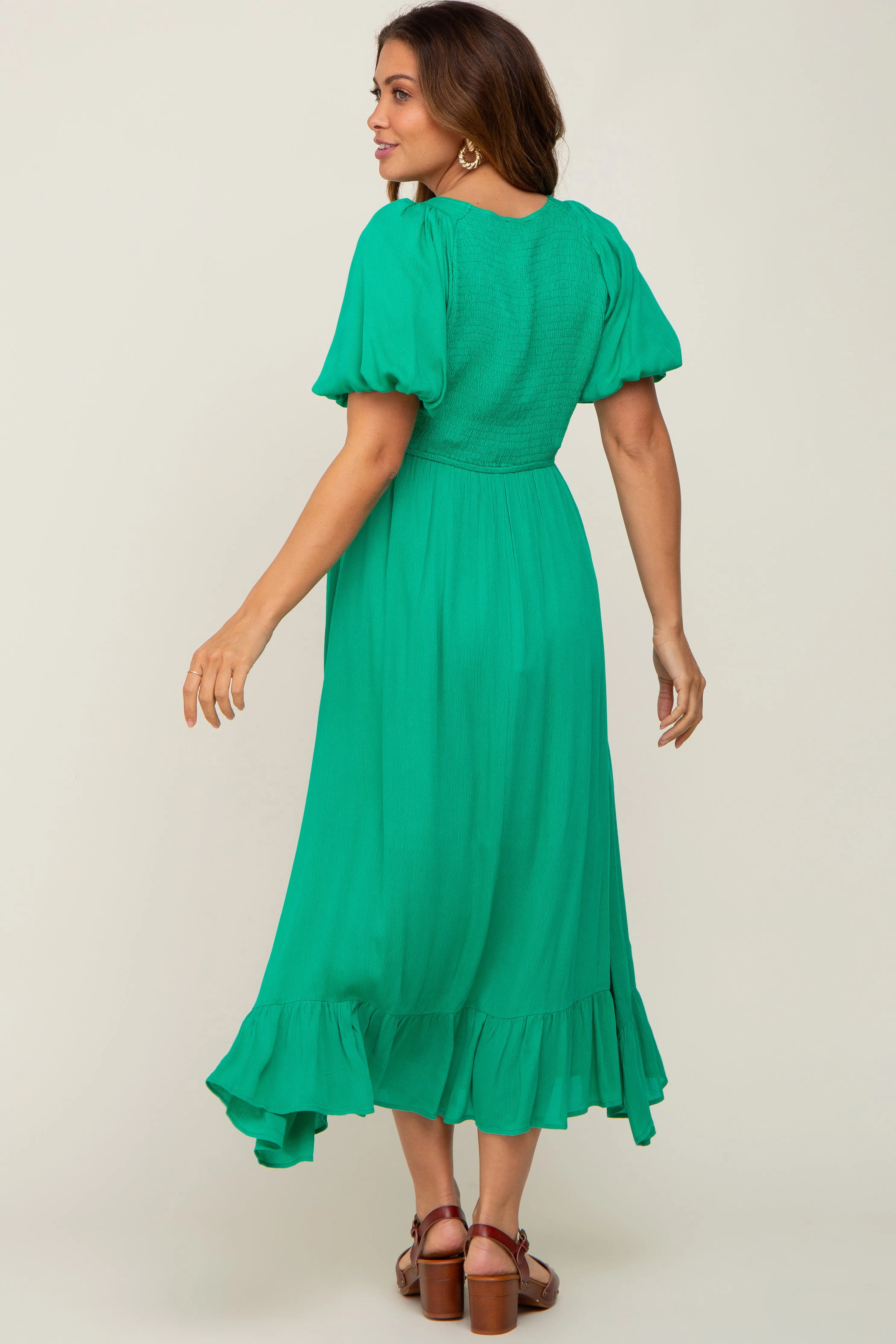 Green Smocked Puff Sleeve Maternity Midi Dress sold by Pinkblush product image thumbnail 3