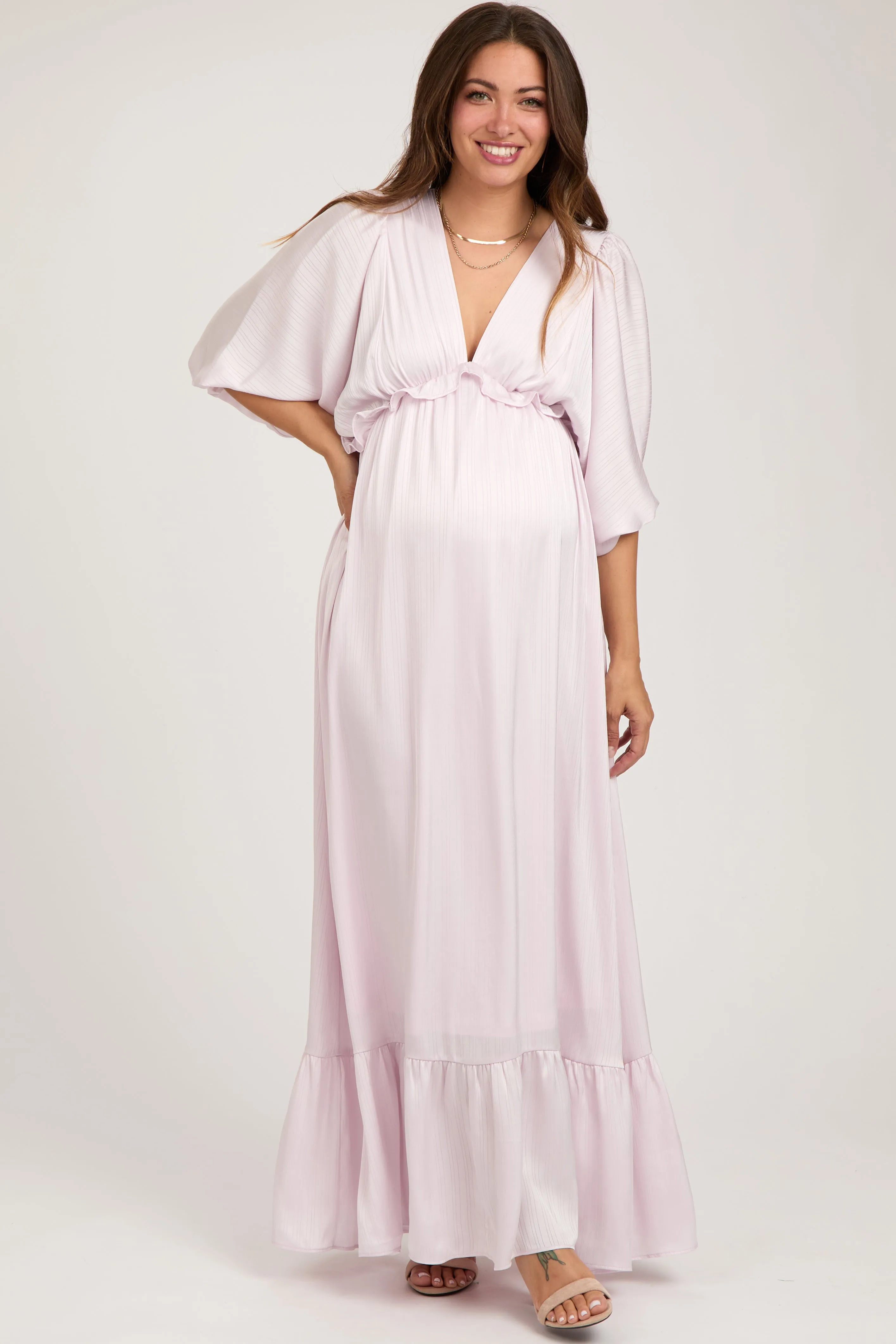 Light Pink Striped Ruffle Accent Maternity Maxi Dress sold by Pinkblush
