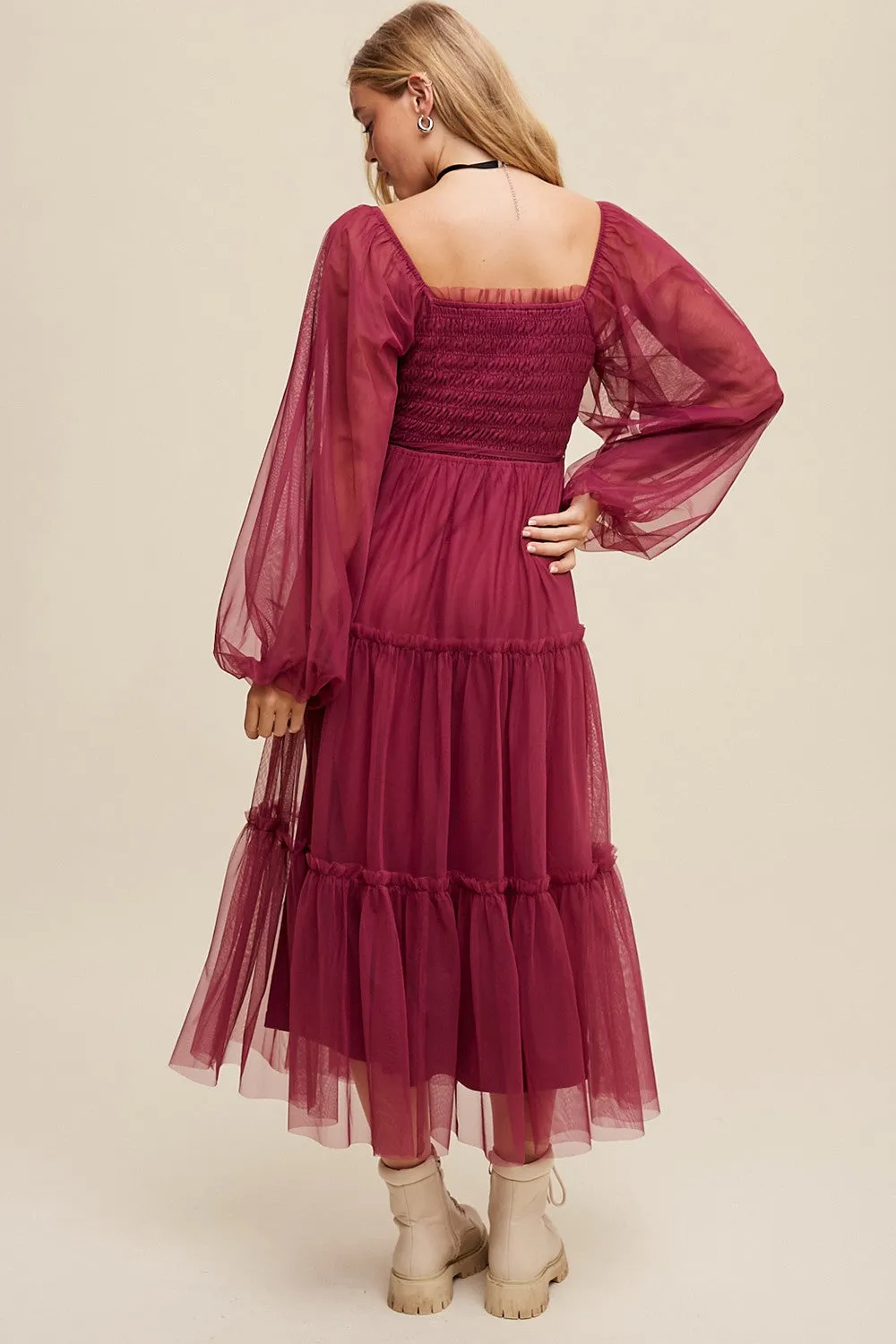 Burgundy Mesh Tiered Long Sleeve Maxi Dress sold by Pinkblush product image thumbnail 4