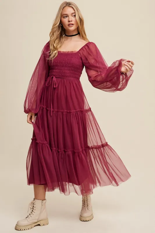 Burgundy Mesh Tiered Long Sleeve Maxi Dress sold by Pinkblush