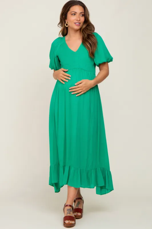 Green Smocked Puff Sleeve Maternity Midi Dress sold by Pinkblush