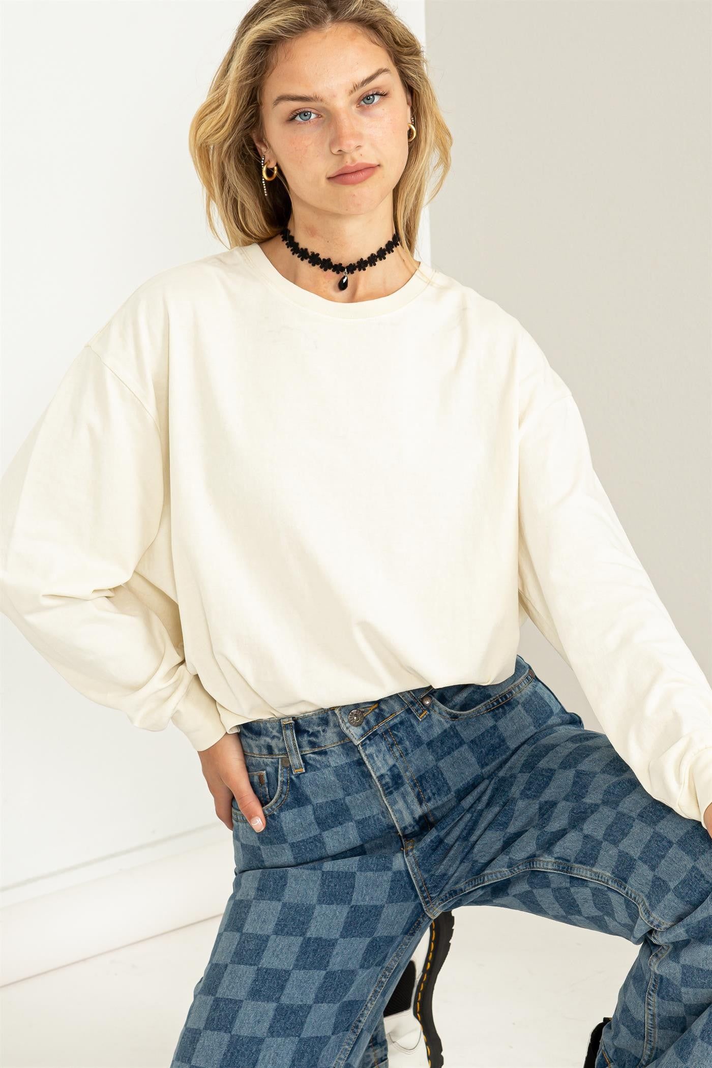 Cream Oversized Long Sleeve Top sold by Pinkblush