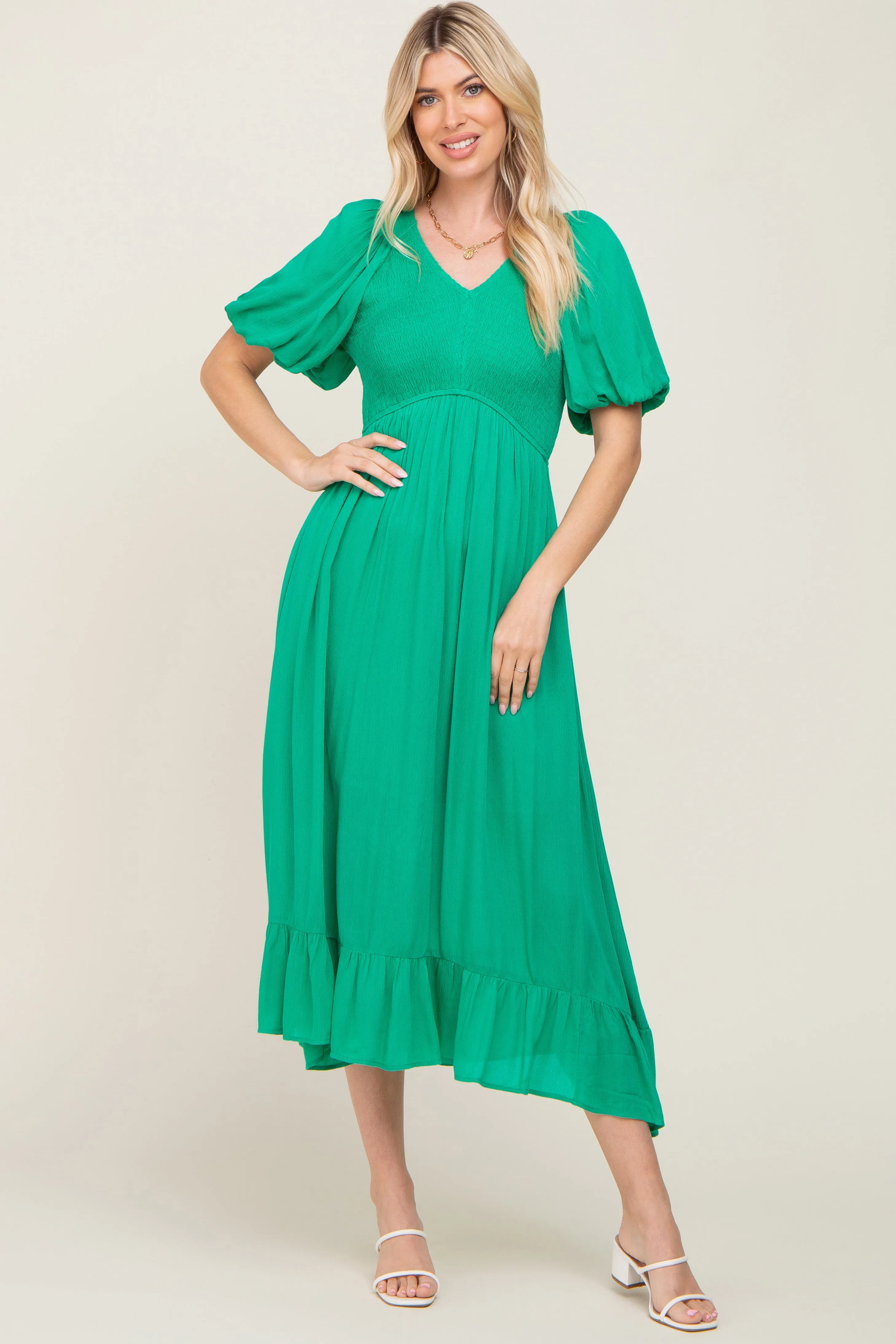 Green Smocked Puff Sleeve Maternity Midi Dress sold by Pinkblush product image thumbnail 5