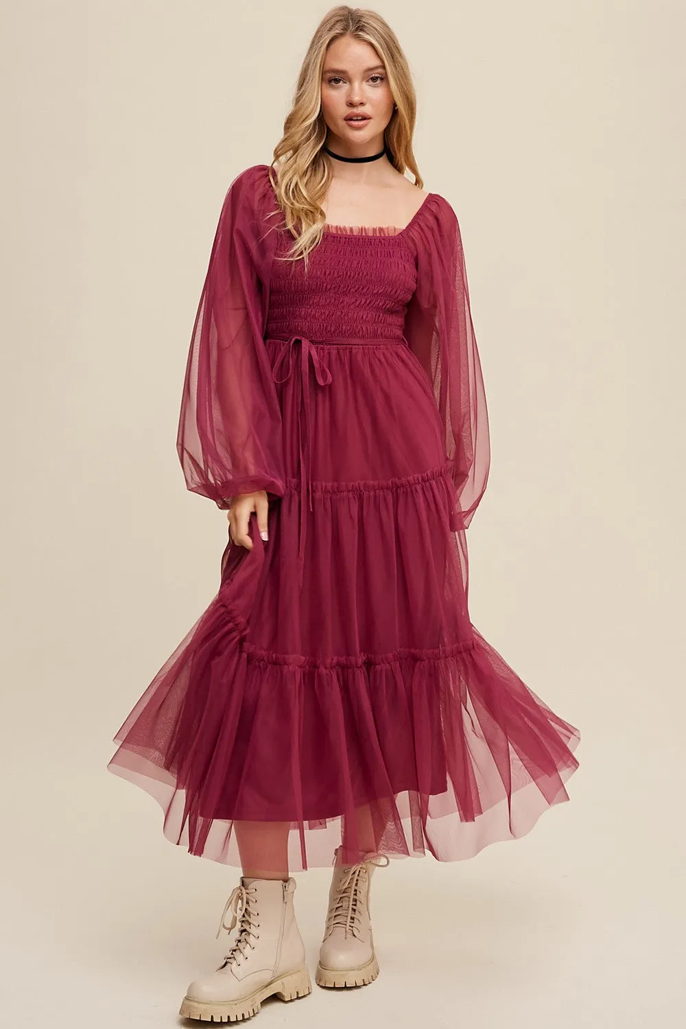 Burgundy Mesh Tiered Long Sleeve Maxi Dress sold by Pinkblush product image thumbnail 2