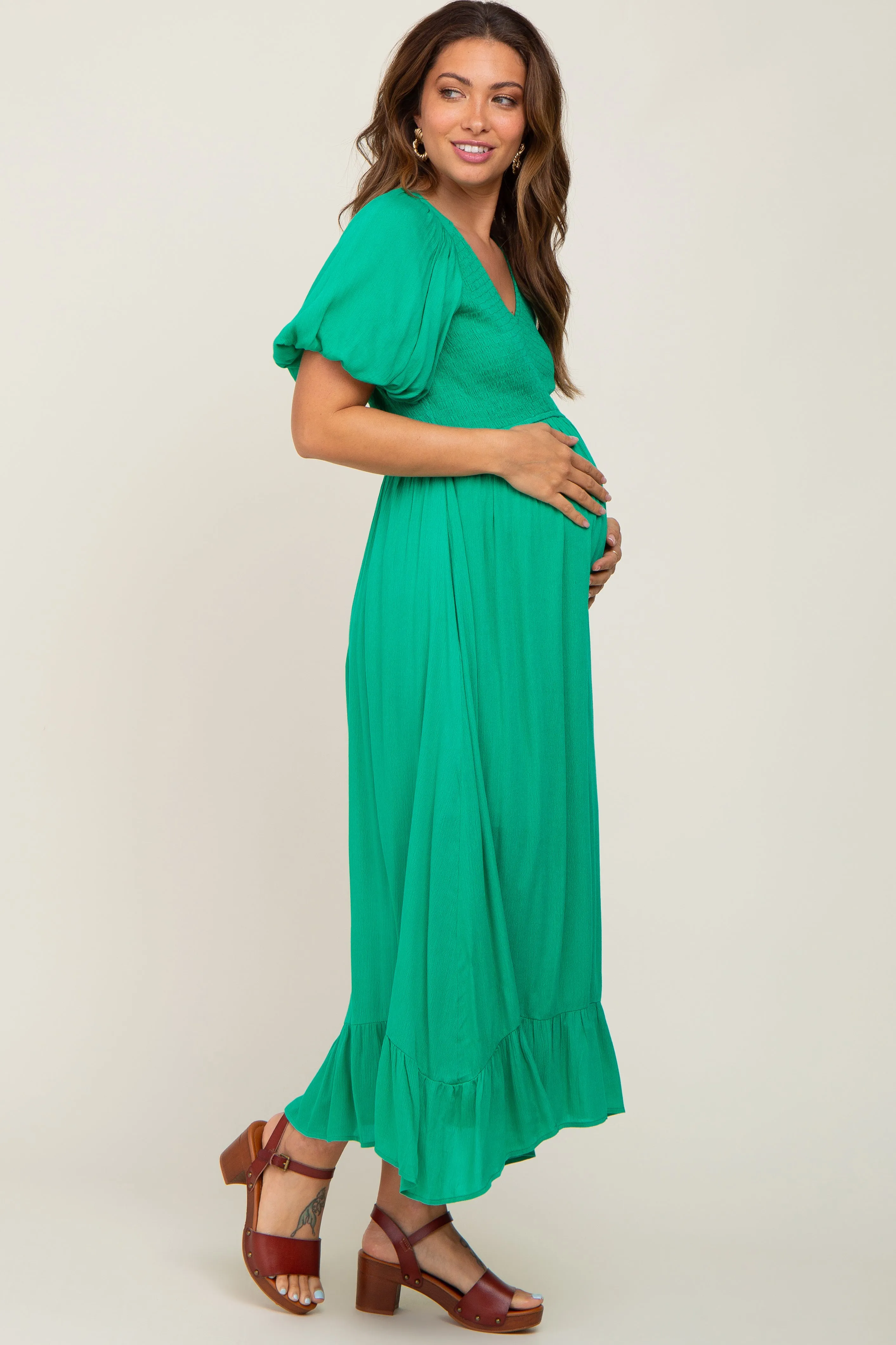 Green Smocked Puff Sleeve Maternity Midi Dress sold by Pinkblush product image thumbnail 2