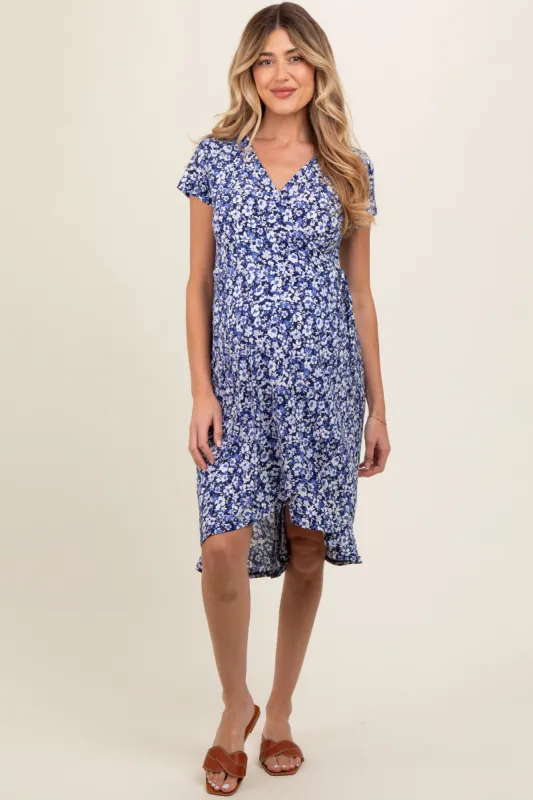 Navy Floral Wrap Maternity Midi Dress sold by Pinkblush