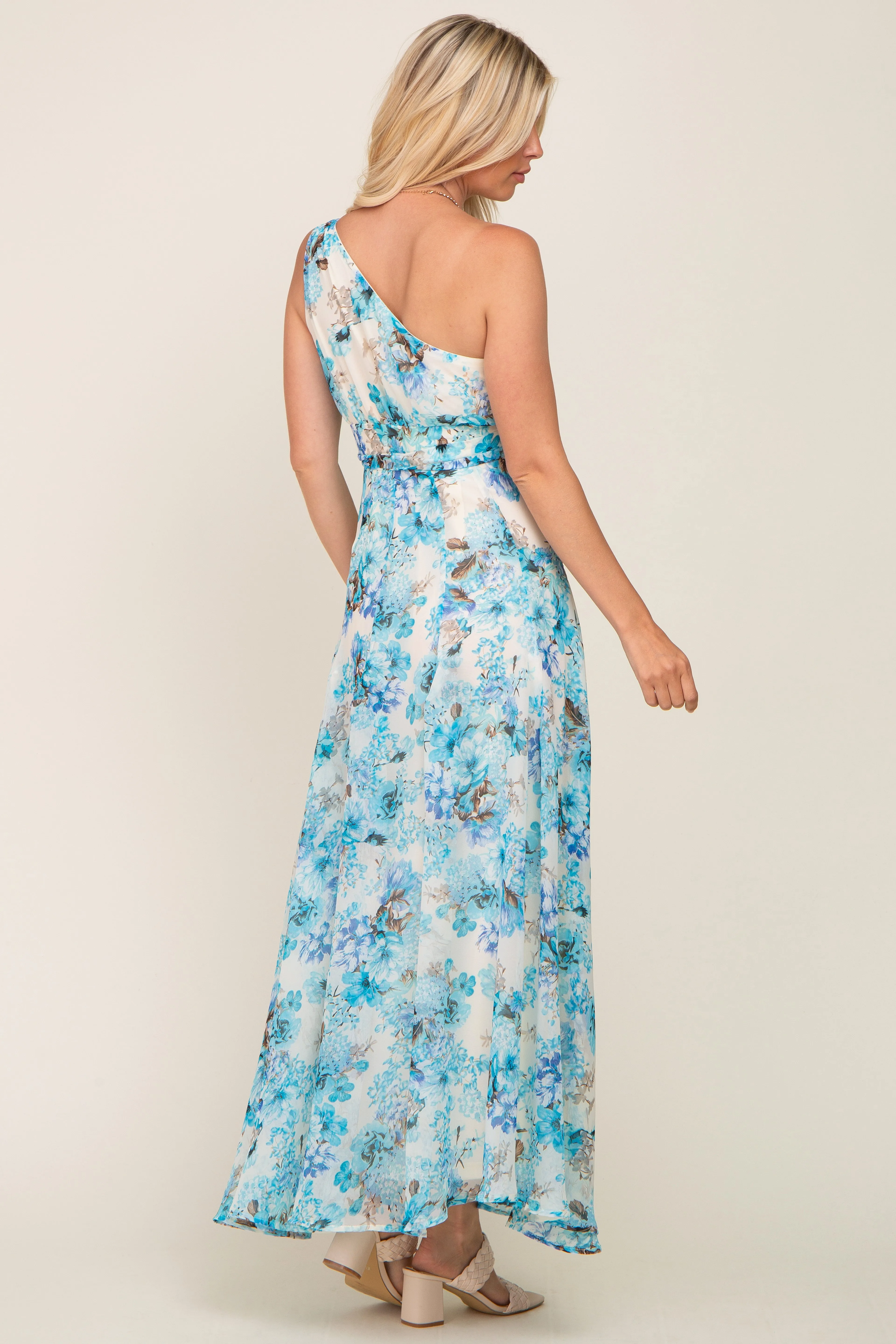 Blue Floral Chiffon One Shoulder Maxi Dress sold by Pinkblush product image thumbnail 3