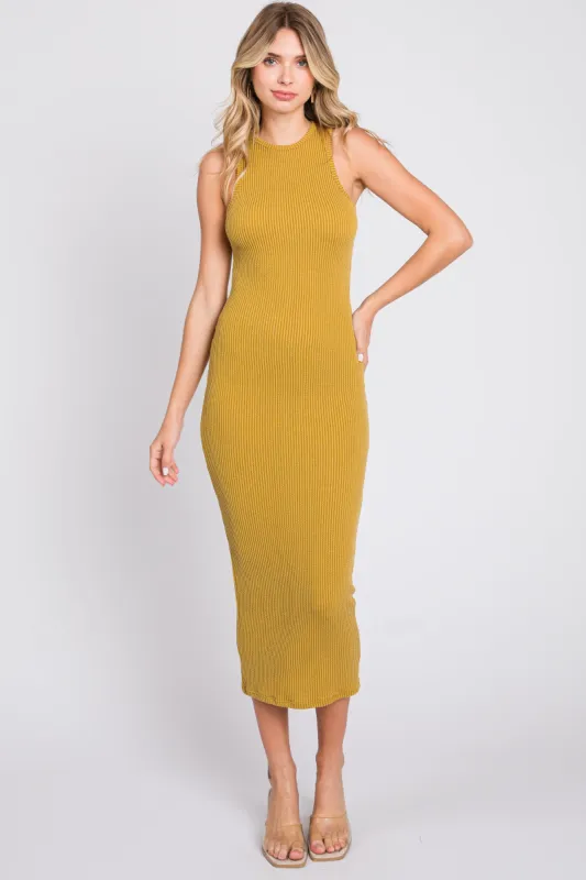 Mustard Ribbed Fitted Midi Dress sold by Pinkblush