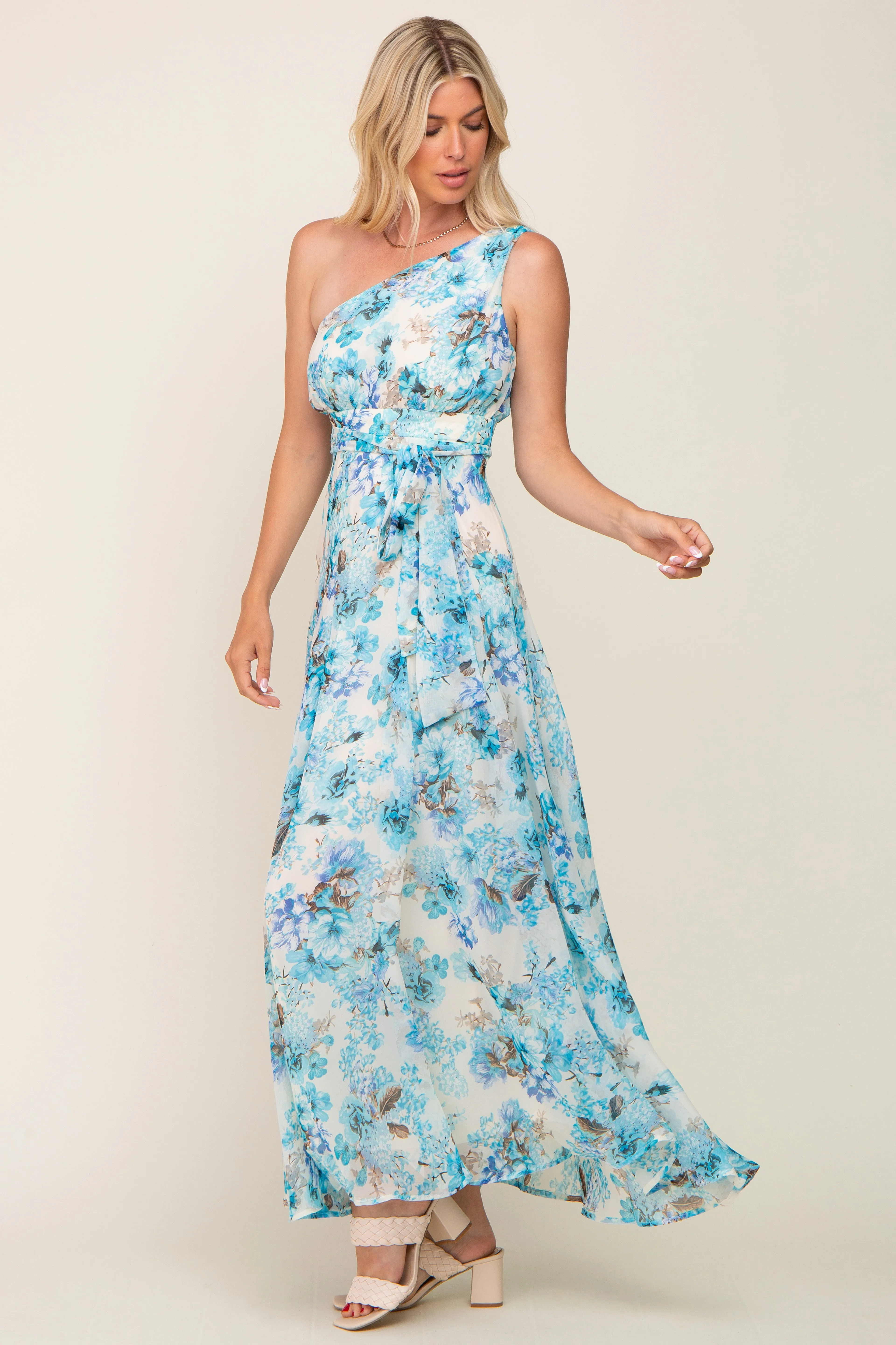 Blue Floral Chiffon One Shoulder Maxi Dress sold by Pinkblush product image thumbnail 2