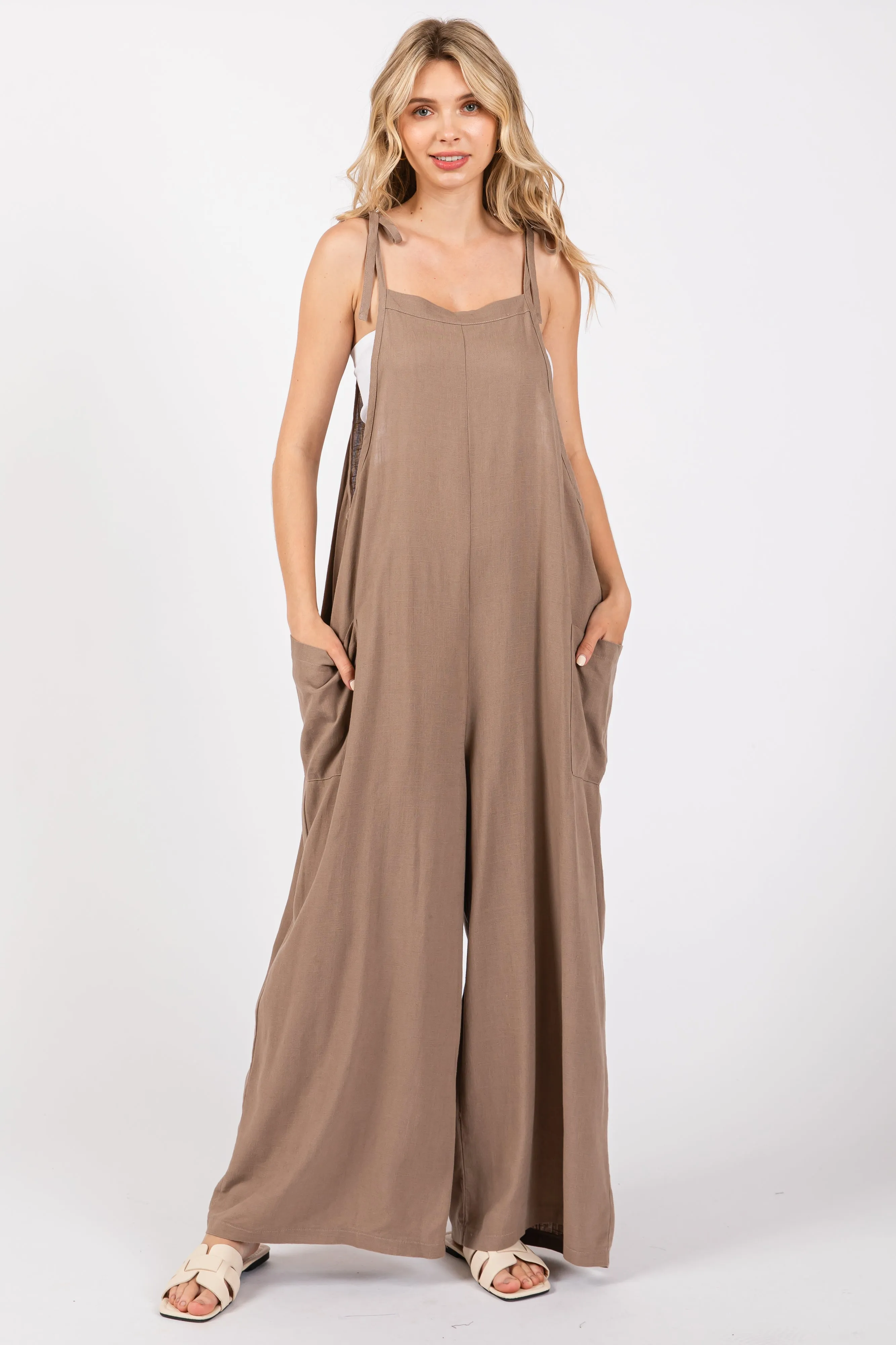 Mocha Linen Shoulder Tie Jumpsuit sold by Pinkblush