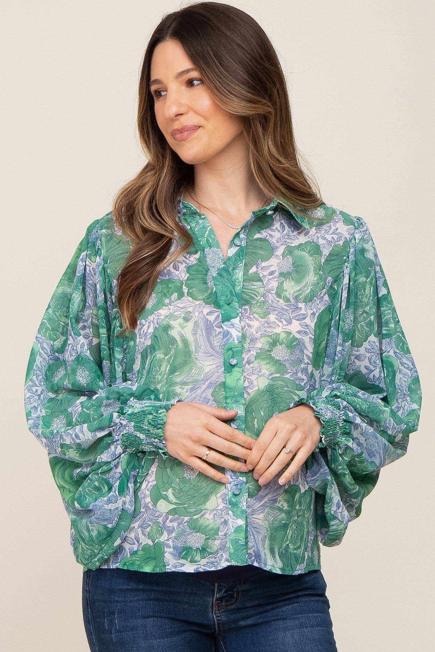 Green Floral Button Up Maternity Blouse sold by Pinkblush