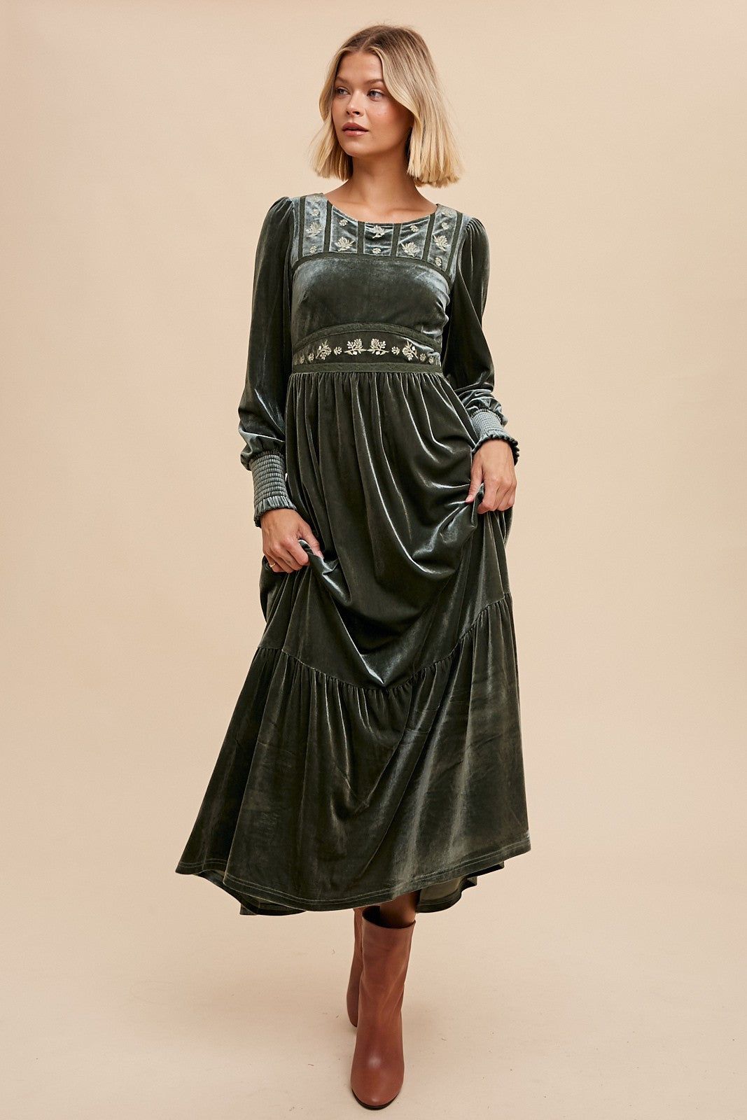 Olive Folklore Embroidered Velvet Dress sold by Pinkblush product image thumbnail 4