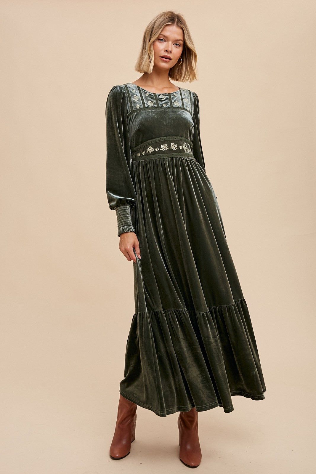 Olive Folklore Embroidered Velvet Dress sold by Pinkblush