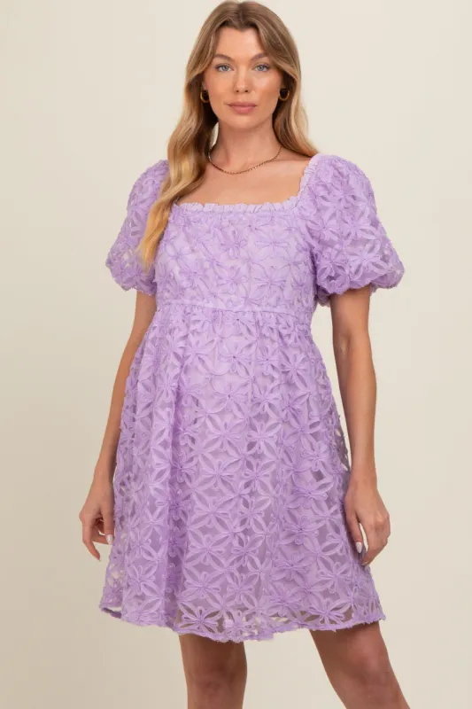Lavender Floral Mesh Lace Puff Sleeve Maternity Dress sold by Pinkblush