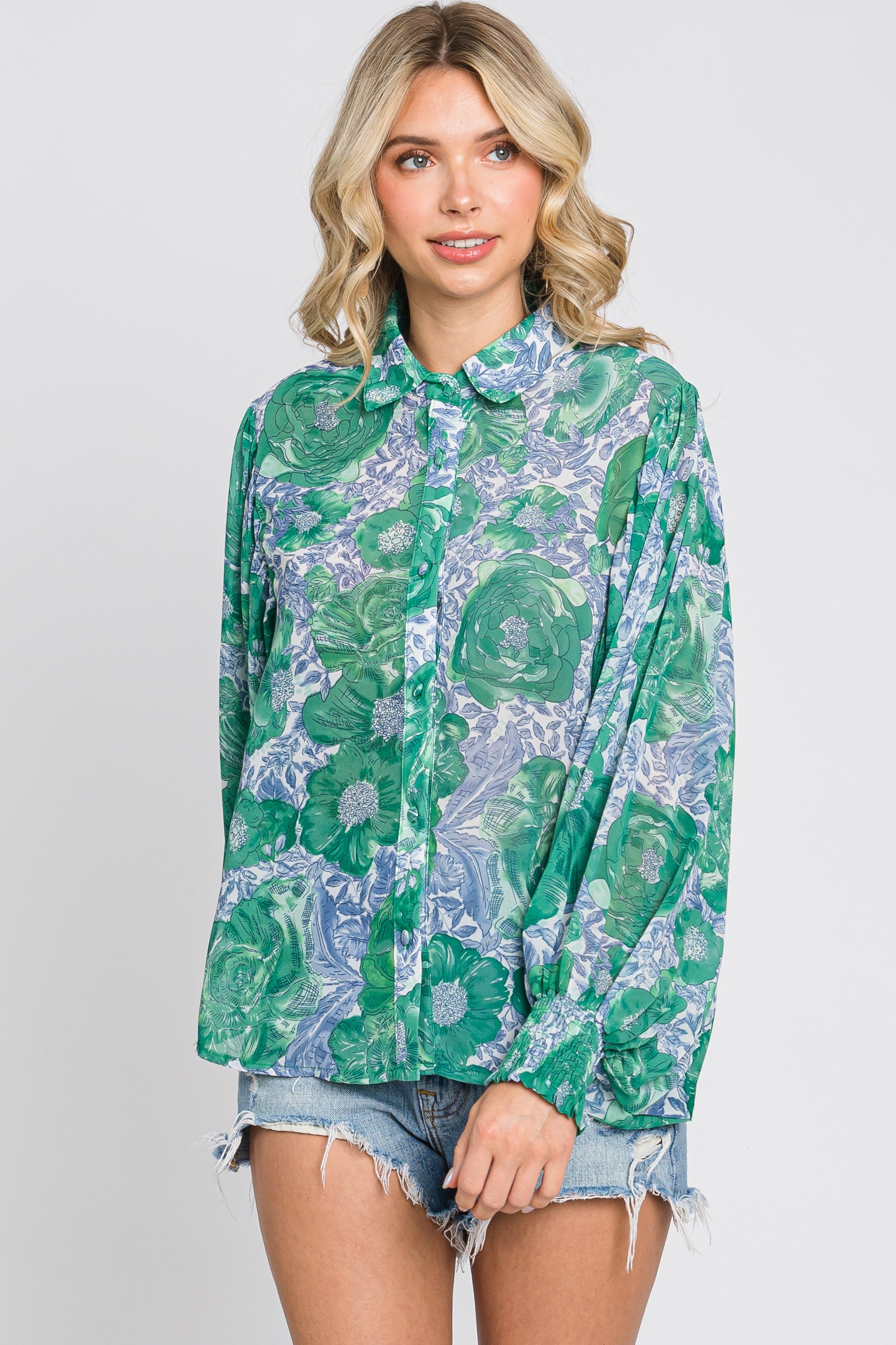 Green Floral Button Up Maternity Blouse sold by Pinkblush product image thumbnail 5