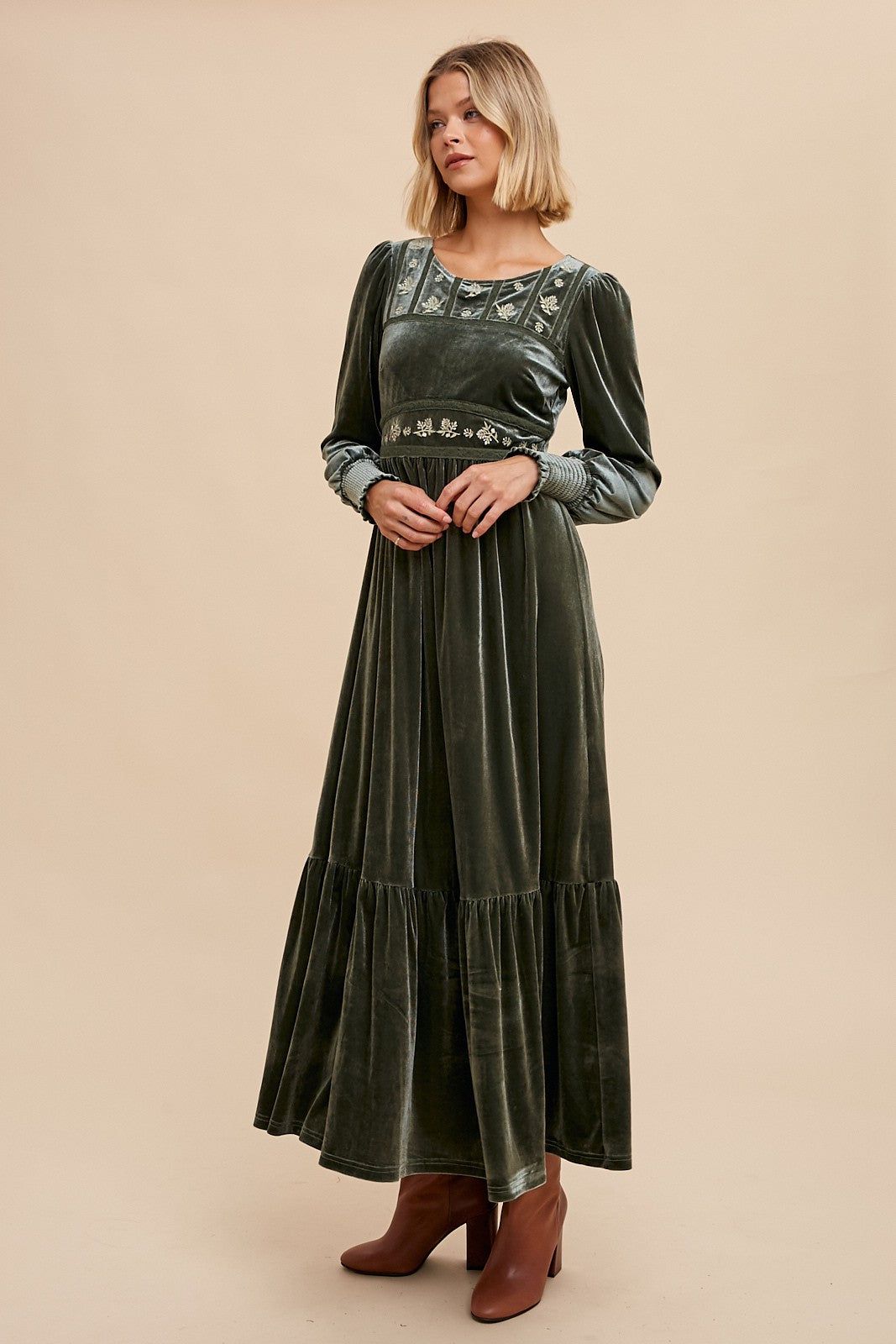 Olive Folklore Embroidered Velvet Dress sold by Pinkblush product image thumbnail 2